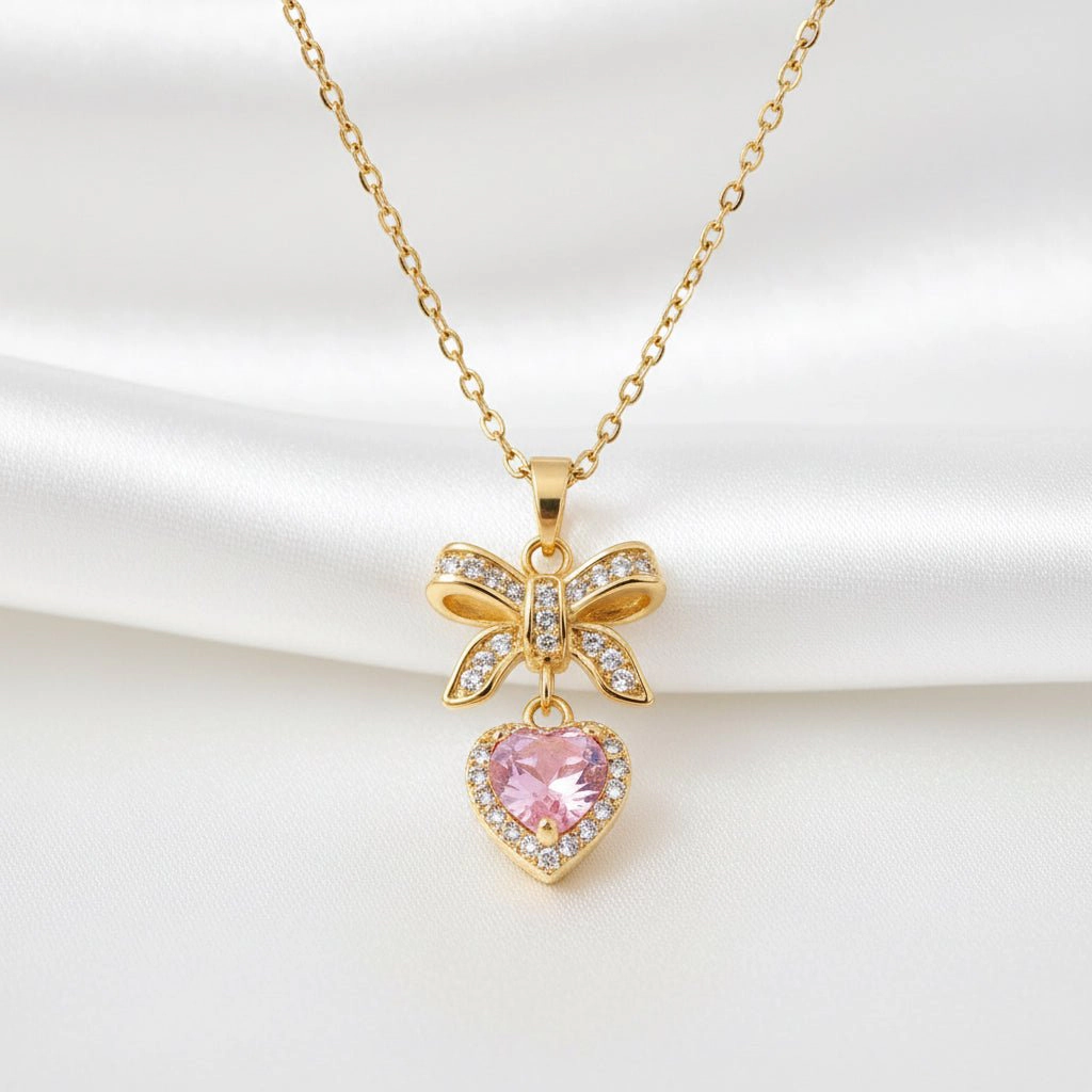 DressAtR Women's 18K Gold Plated Pink Heart Bow Necklace