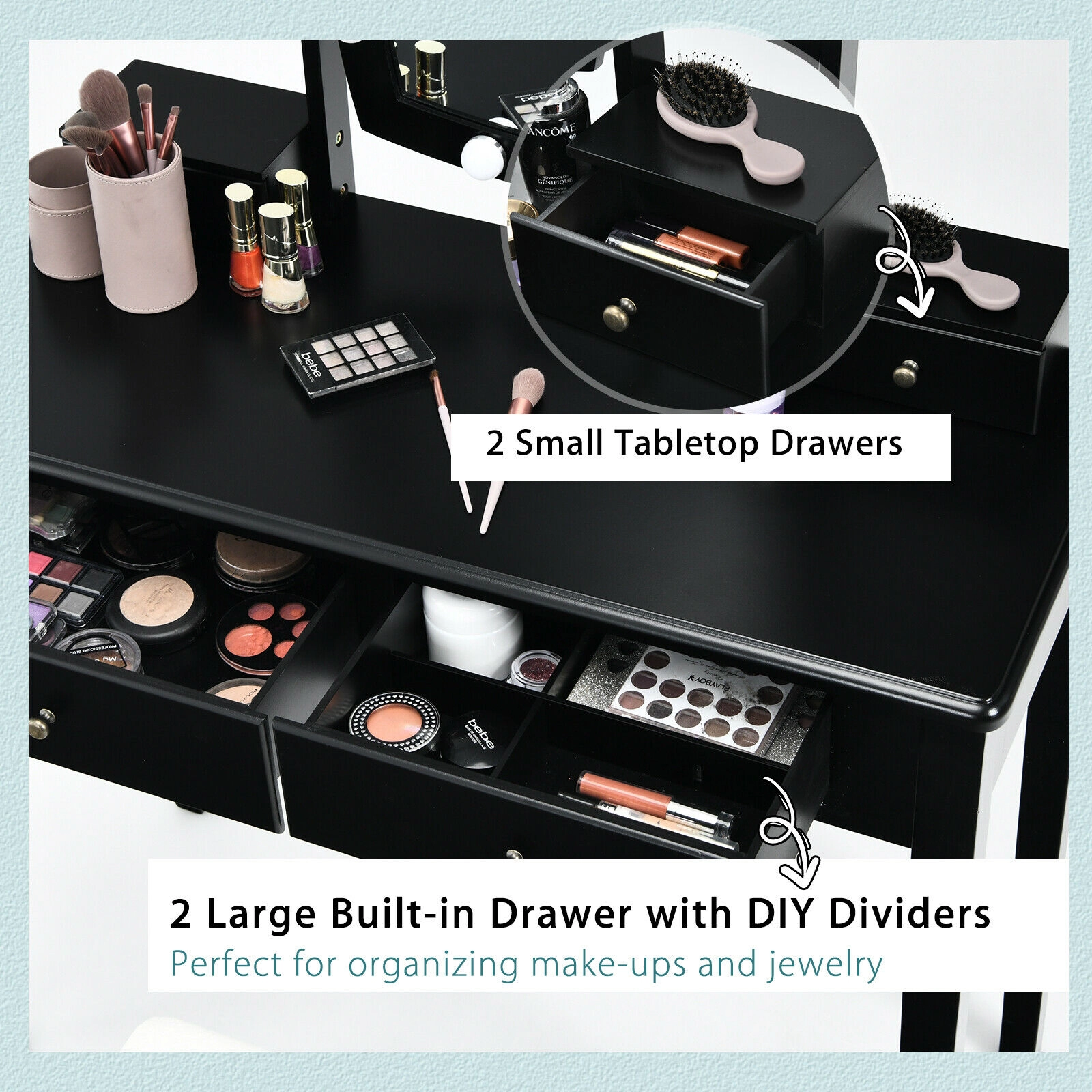SUGIFT 4-Drawer Vanity Table Set with 360-Degree Lighted Mirror and Stool 110-lb Table 200-lb Stool Capacity Black