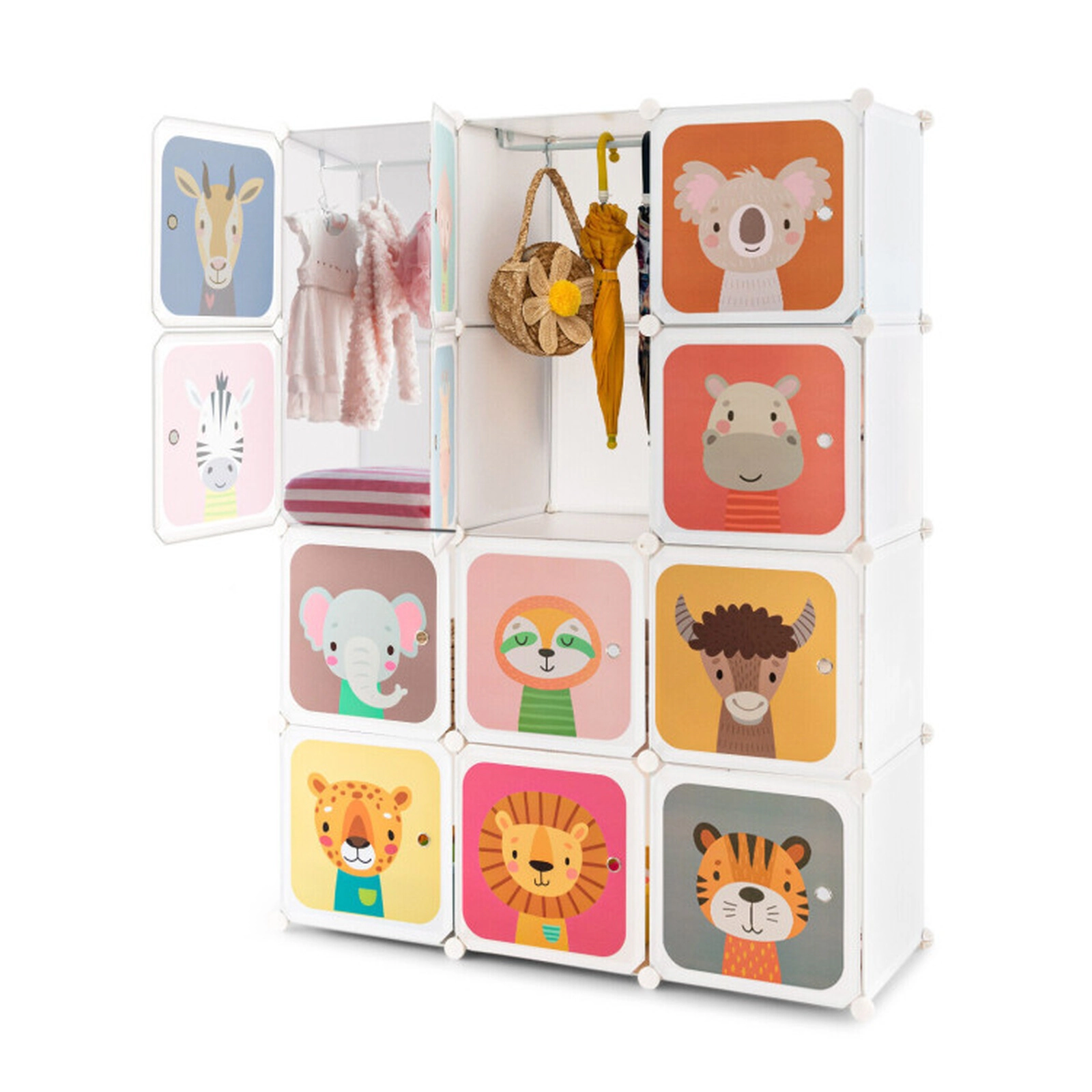 SUGIFT Kids 12-Cube Animal Print Doors Hanging Section Wardrobe Closet 43-in x 14-in x 57-in 22-lb per Cube White