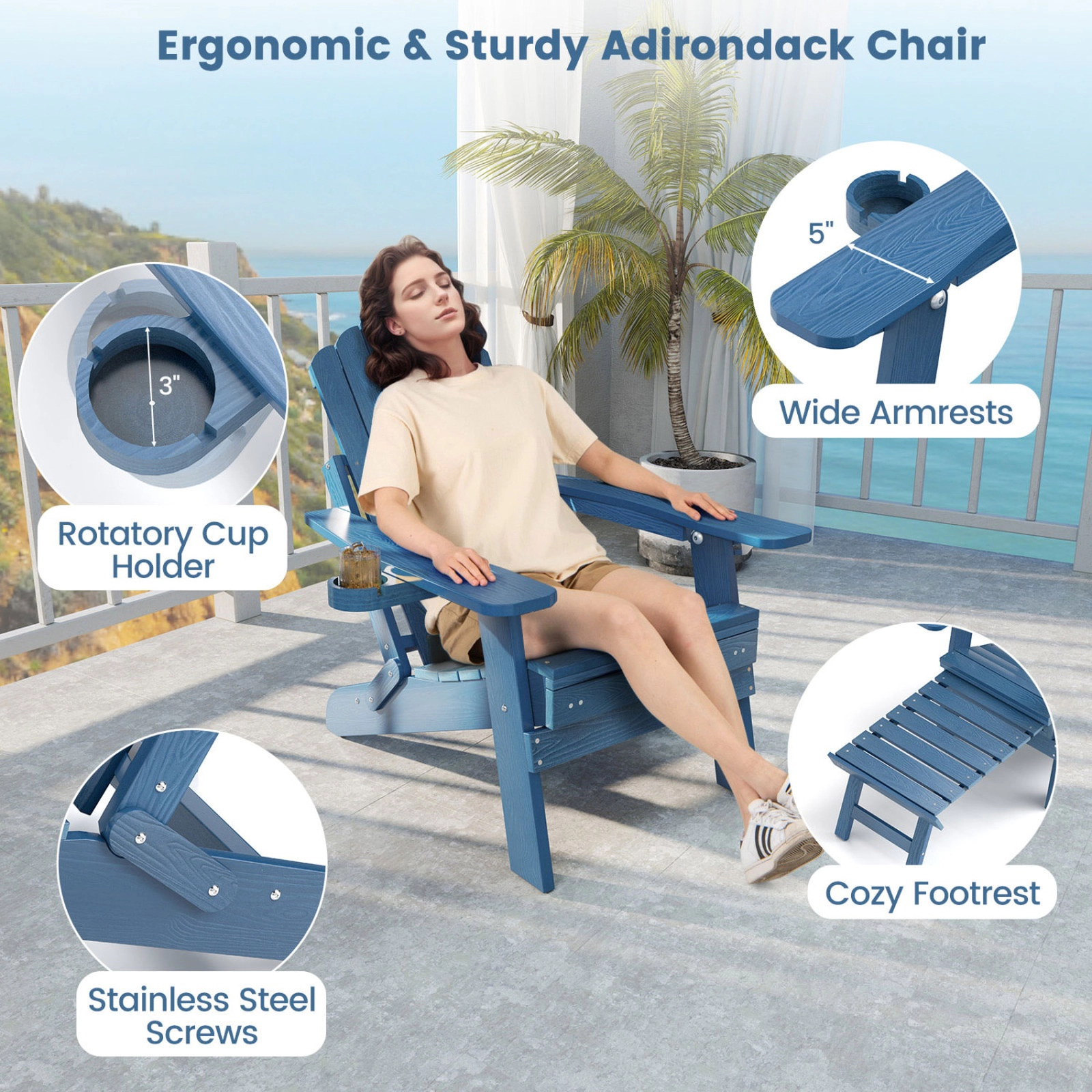 SUGIFT Navy HIPS Folding Adirondack Chair with Retractable Footrest 47-in W 30.5-in D 400-lb Seat