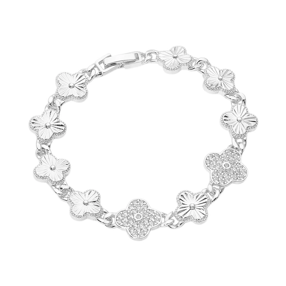 FASHNZFAB CZ Pave Quatrefoil Charm Link Bracelet - Rhodium