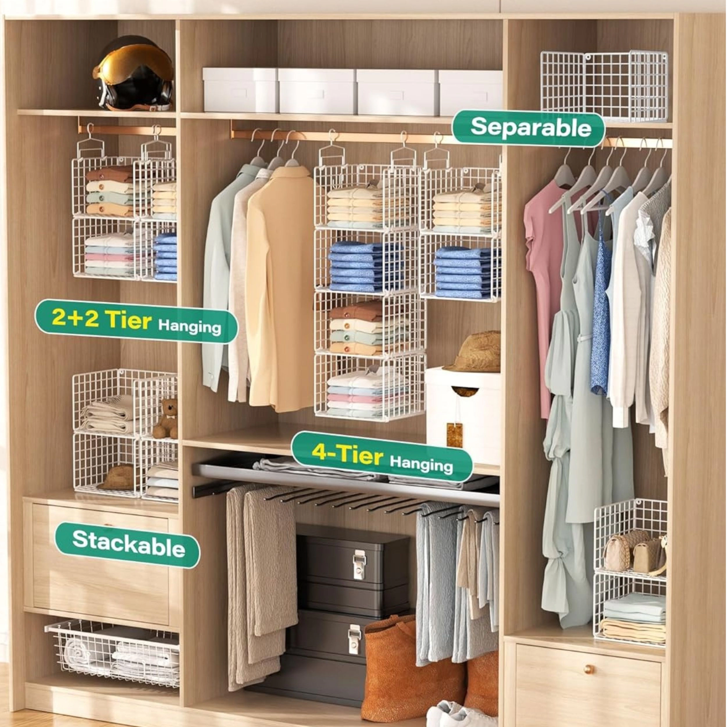 Stock Preferred Hanging Metal Closet Organizer Shelf with Hooks for Clothes and Sweaters Black 6 Tier