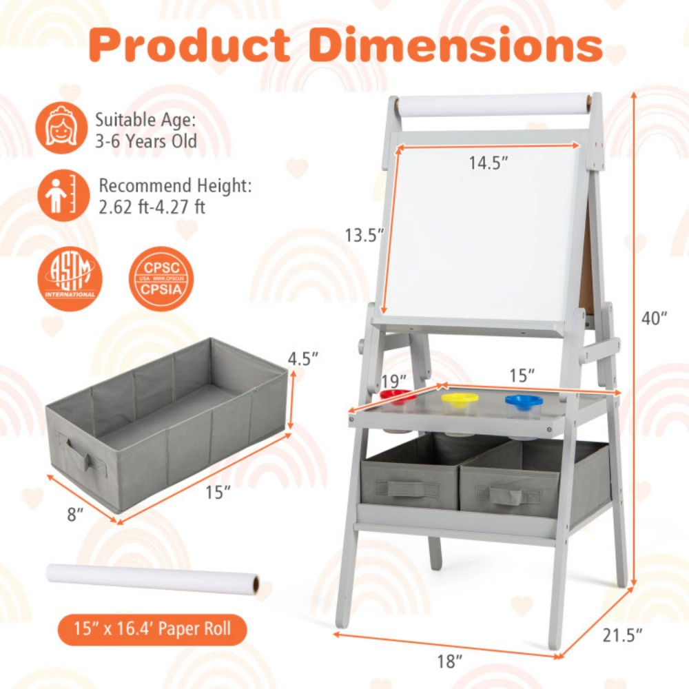 SUGIFT Gray Magnetic Boards Paint Cups and 2 Fabric Storage Bins 3-in-1 Kids Art Easel