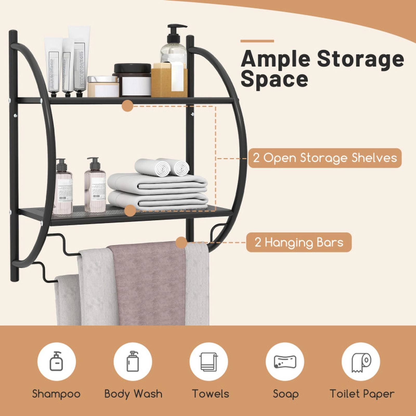 SUGIFT Wall Mounted 2-Tier Bathroom Towel Rack Mesh Shelves 14-in Towel Bars 18 x 10 x 22-in 16 x 9-in Shelves Black