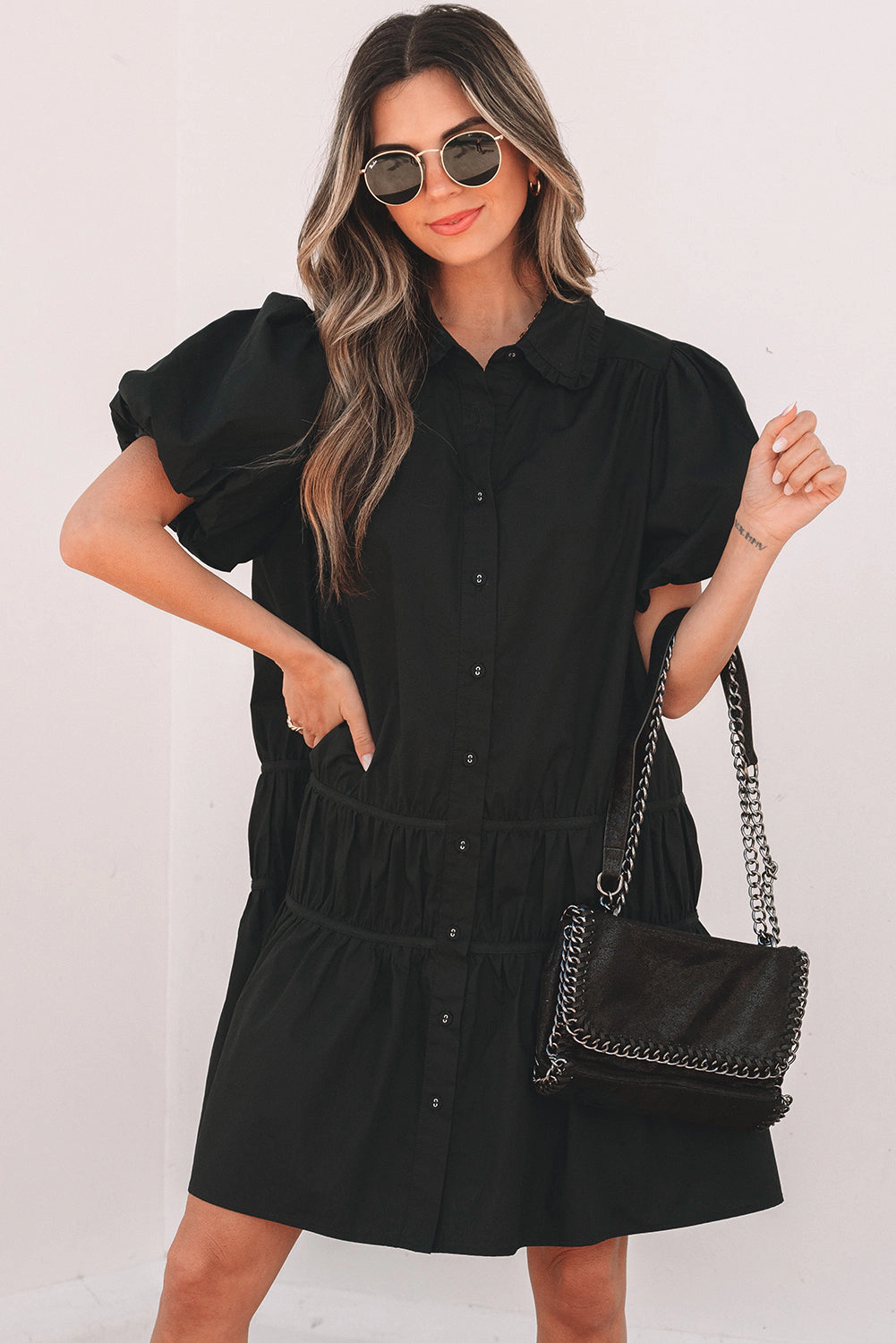 Threaded Pear Women's Cassidy Button Down Puff Sleeve Ruffle Hem Dress