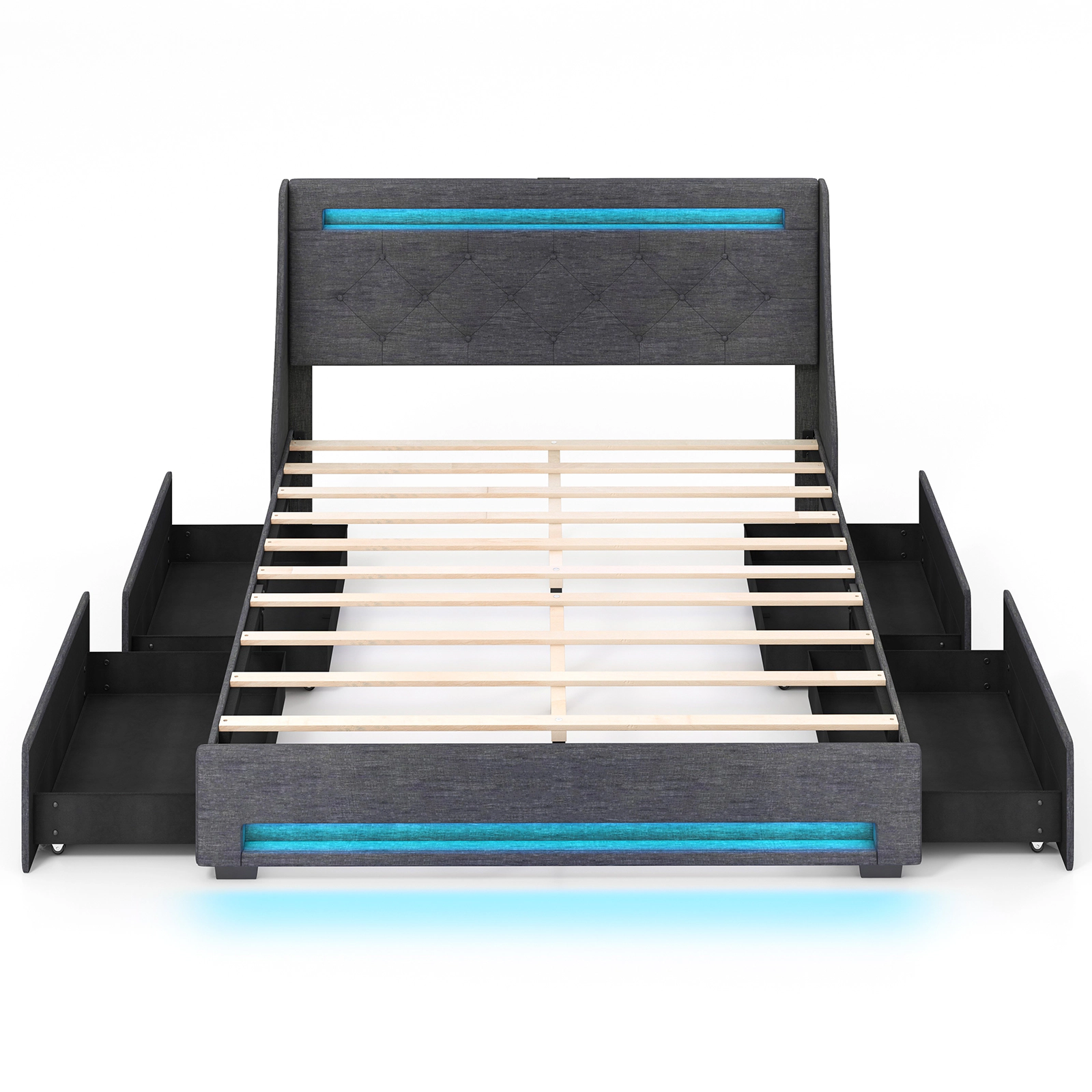 LJG Full Size Bed Frame with LED Lights Wingback Headboard and Charging Station