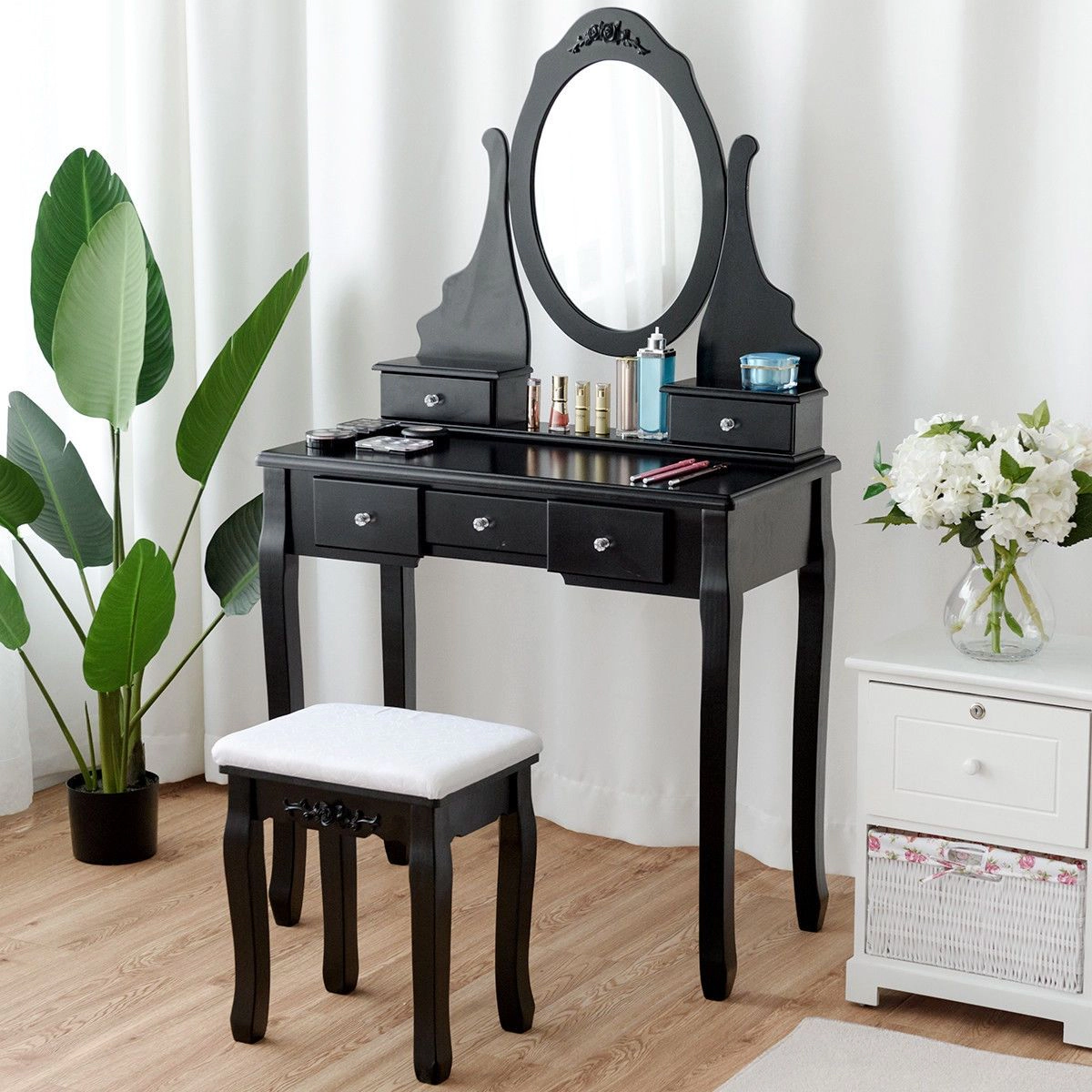 SlickBlue Mirrored Vanity Table Set with Stool and 5 Storage Drawers