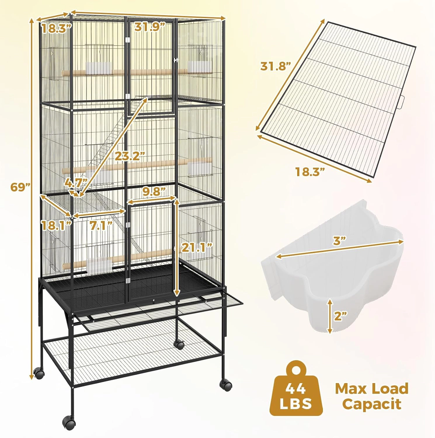 69-Inch Tall Large Metal Parrot Bird Cage, Rolling Stand Flight Aviary for Pet Parrots, Black