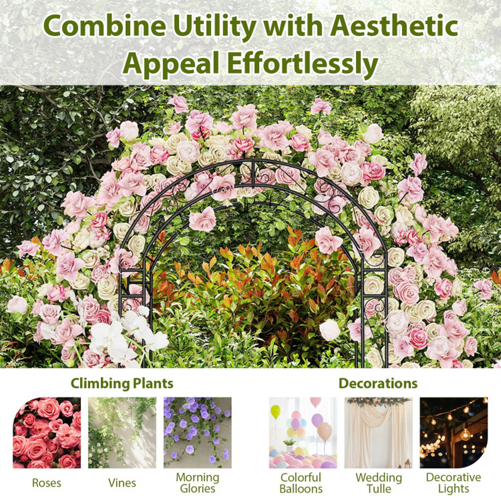 SUGIFT Black Metal Garden Arch Arbor with Lockable Gate and Scroll Patterns 45-in W 17-in D 84-in H 35-in Door W
