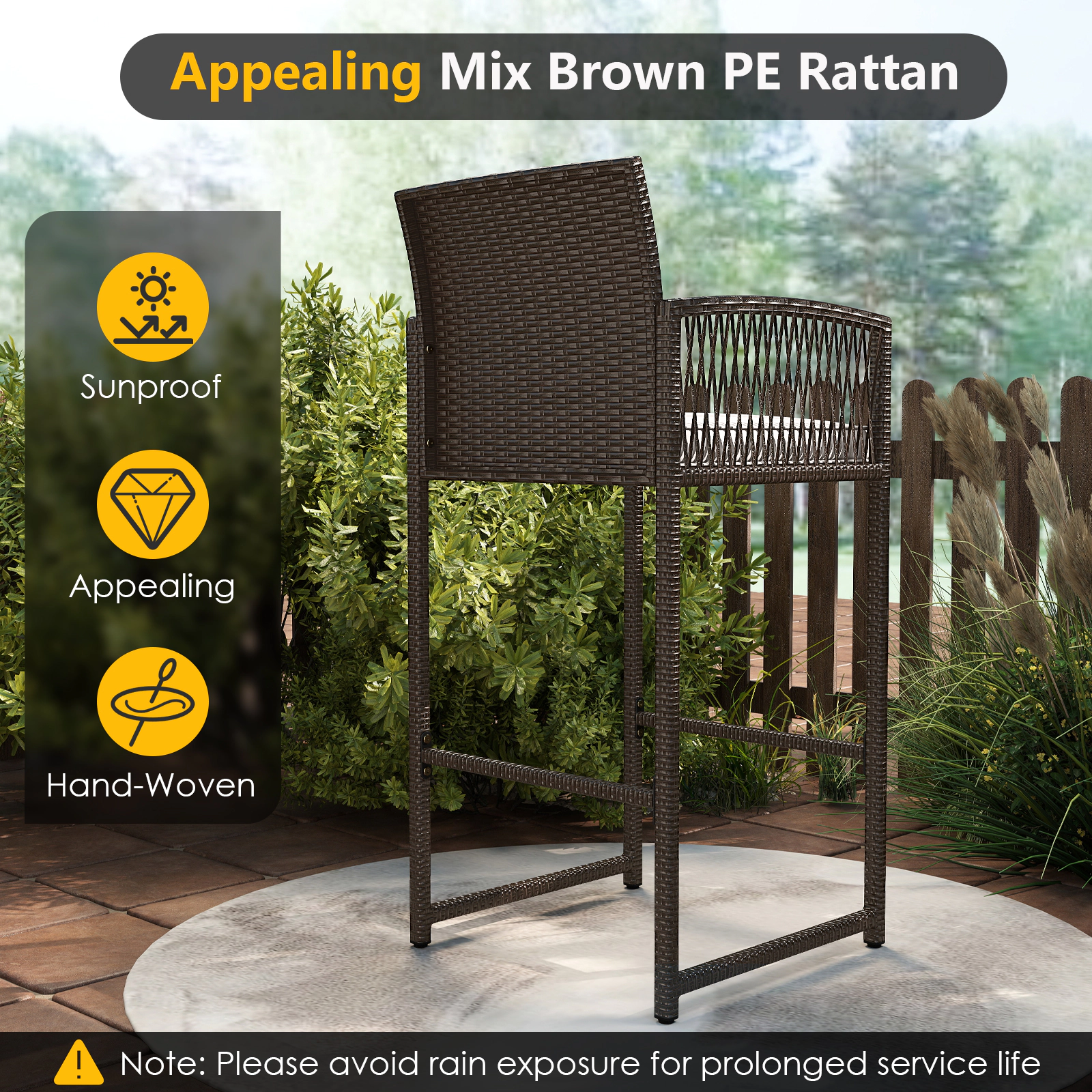 SUGIFT Patio Bar Set with Bar-Height Table and Armchairs 400-lb Chair Capacity Mix Brown Rattan Off White Cushions