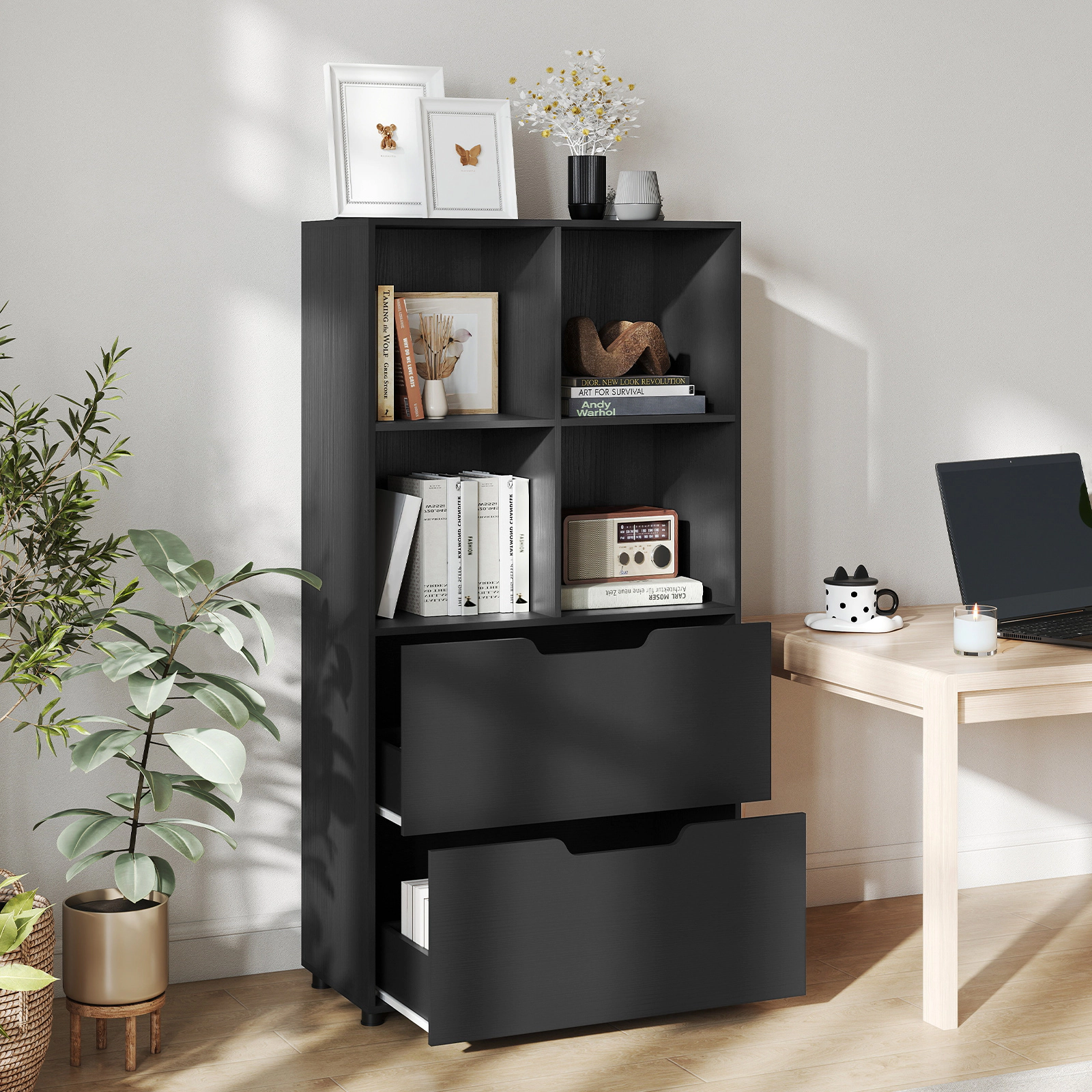 Costway 2 PCS 4-Cube Bookcase with Drawers, Tall Freestanding Bookshelf for Living Room Gray