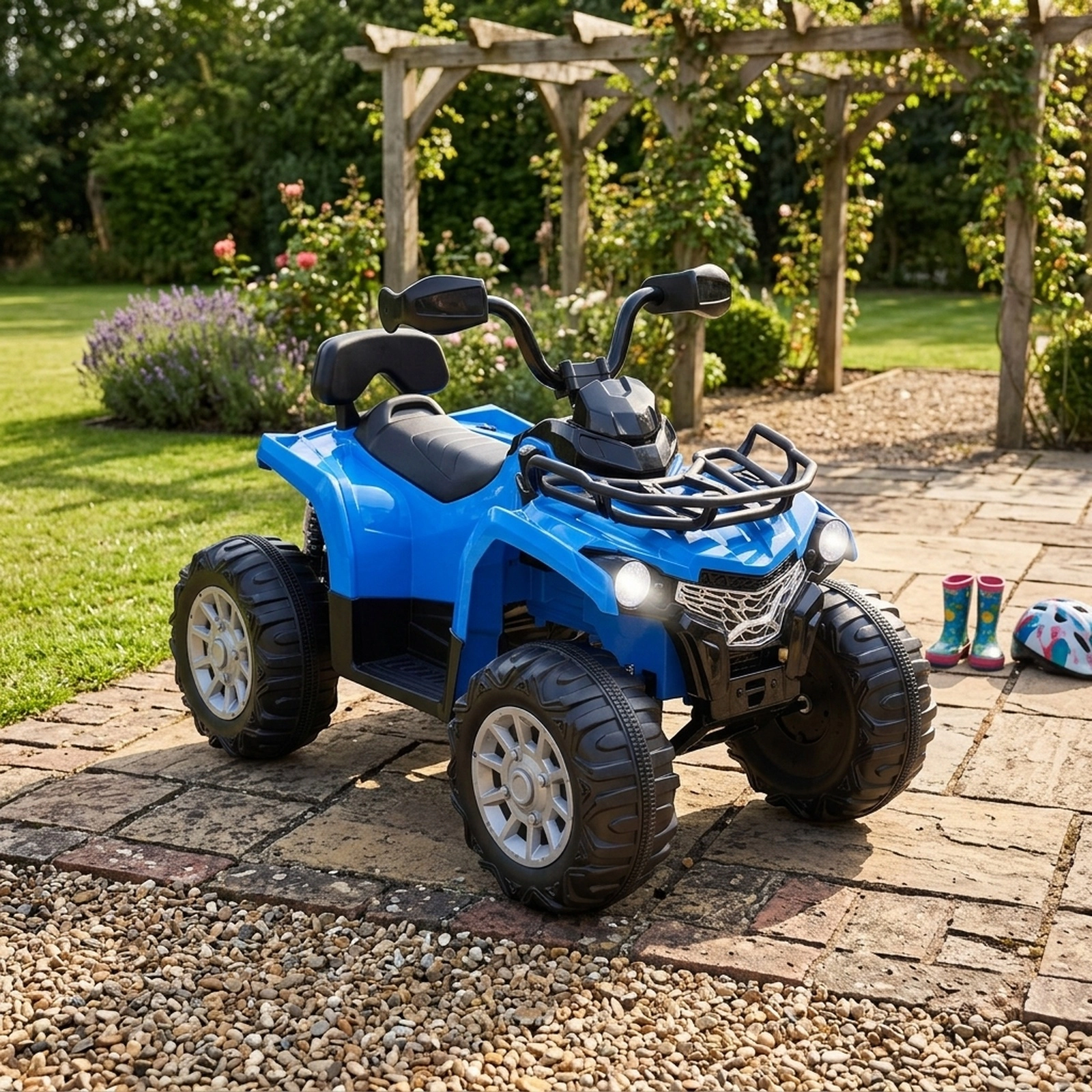 12V Kids Electric Four Wheeler ATV Pedal Acceleration Forward/Reverse Oversized Wheels Headlights MP3 Ages 3-8 Blue