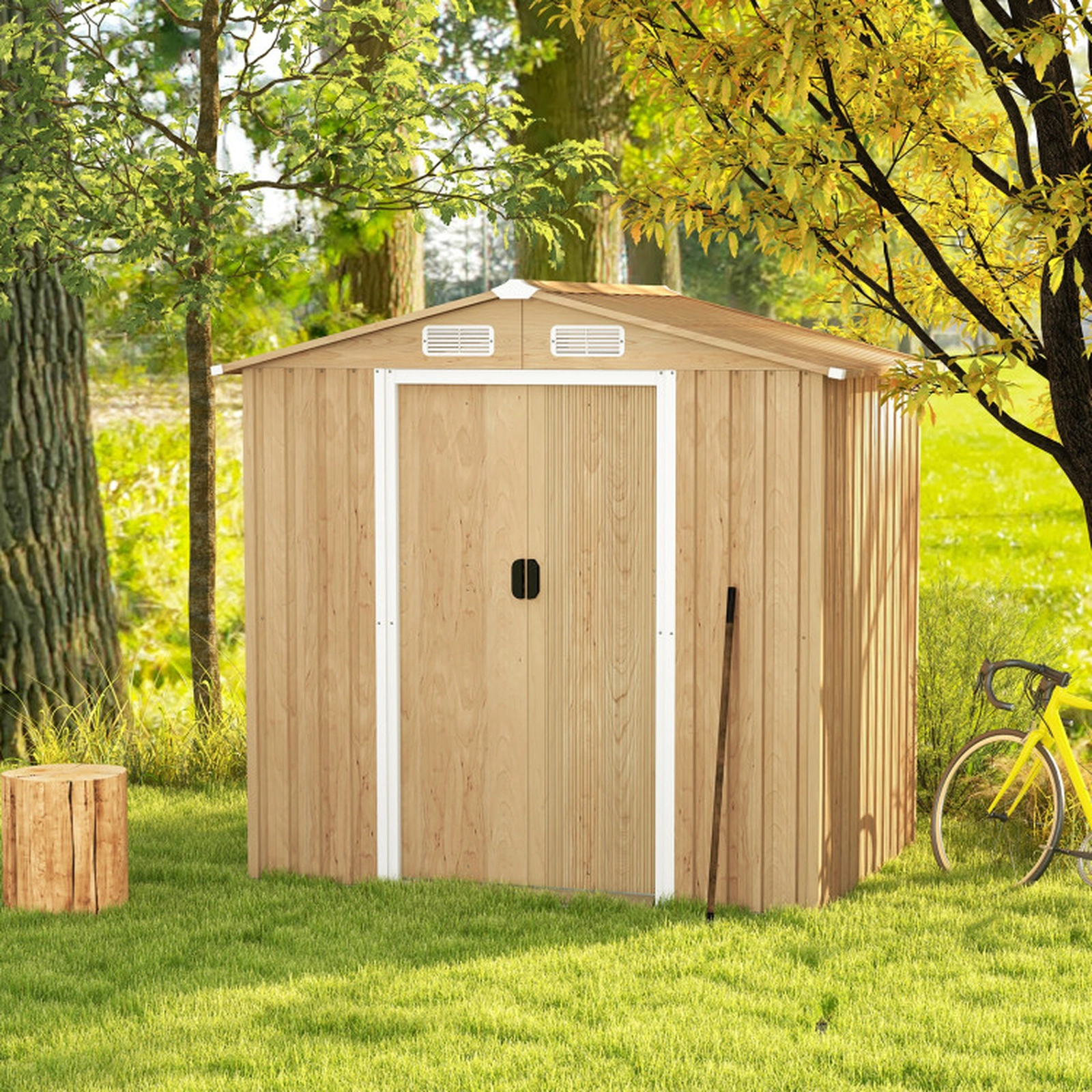 SUGIFT 6 x 4 Feet Lockable Sliding Doors Galvanized Steel Garden Storage Shed 6.4-ft x 4.6-ft x 6-ft 130-Cu-Ft Natural