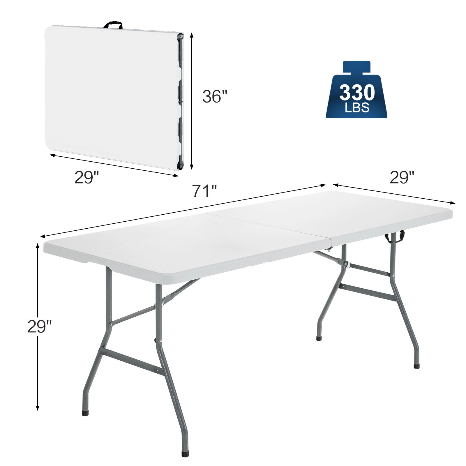 SUGIFT White Portable Folding Camping Table with Carry Handle 71-in W 29-in D 29-in H 330-lb Tabletop Capacity
