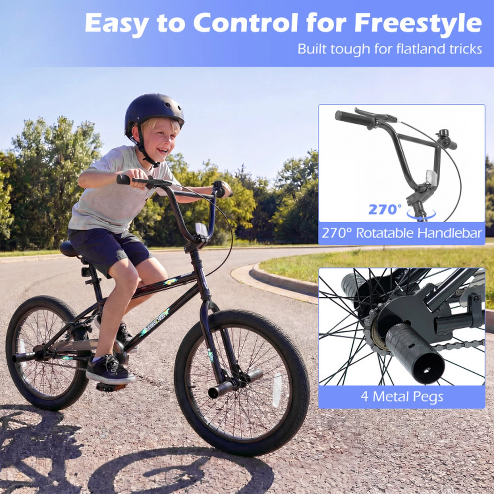 SUGIFT Black 360 Degree Steering 4 Metal Pegs and Adjustable Seat Kids 20 Inch BMX Bike