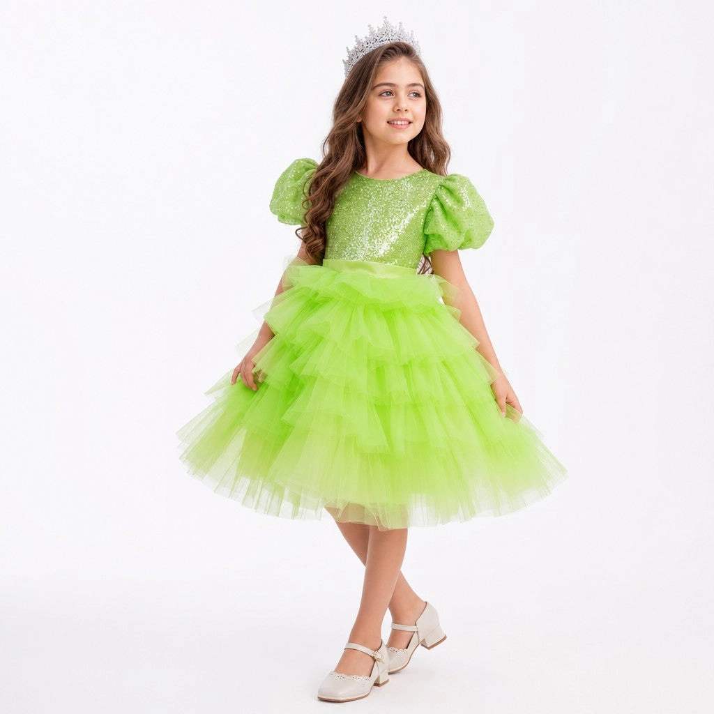 Faeella Girls Enchanted Lime Sequin Tulle Birthday Dress