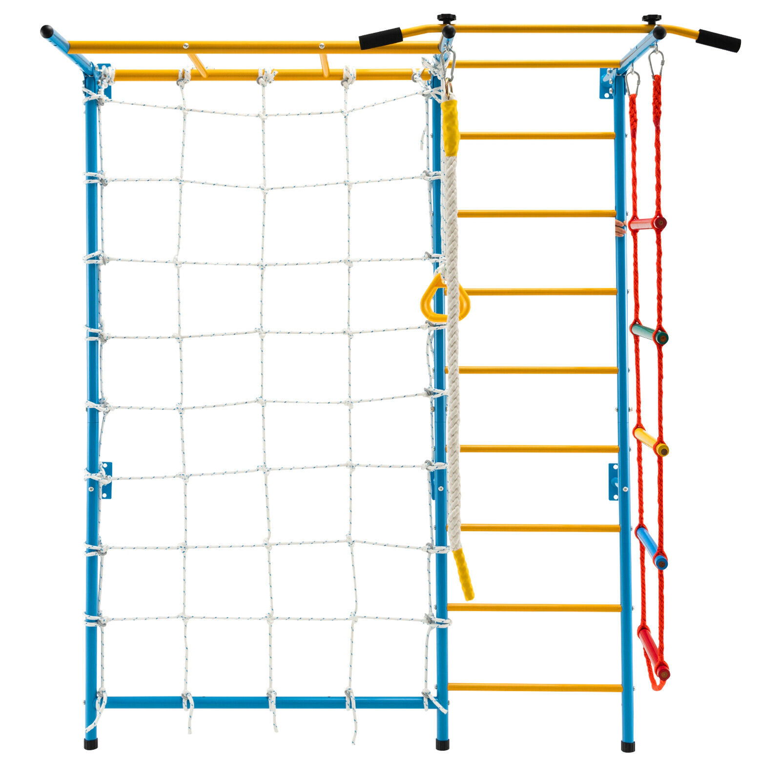 SUGIFT Yellow Monkey Bars and Rope Wall 78 Inch 7-in-1 Kids Indoor Gym Wall Ladder
