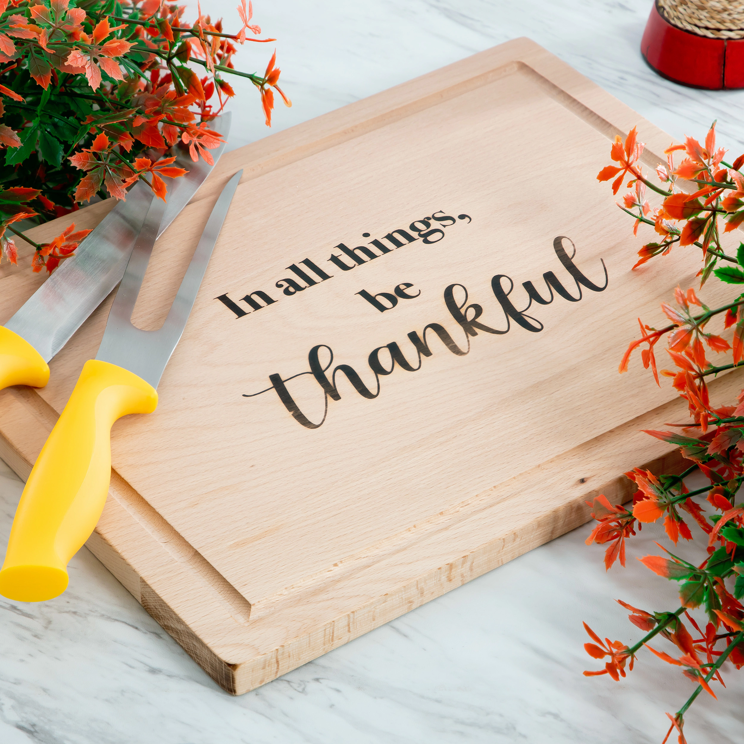 Gibson Home Country Harvest 14 Inch x 11 Inch Beechwood Cutting Board with Carving Tools
