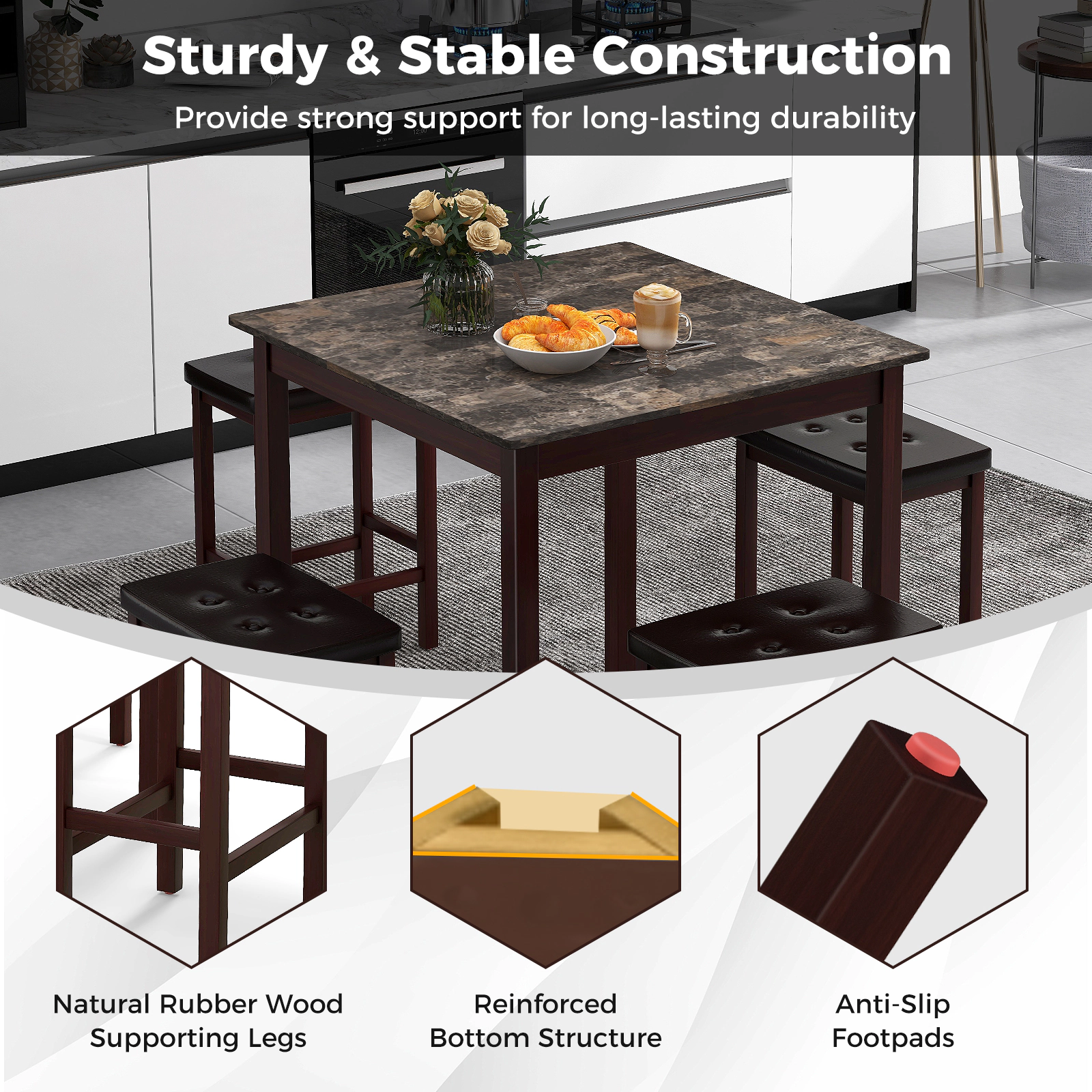 SUGIFT 5-Piece Counter-Height Dining Set for 4, 35-In Square Table with 4 Padded Stools