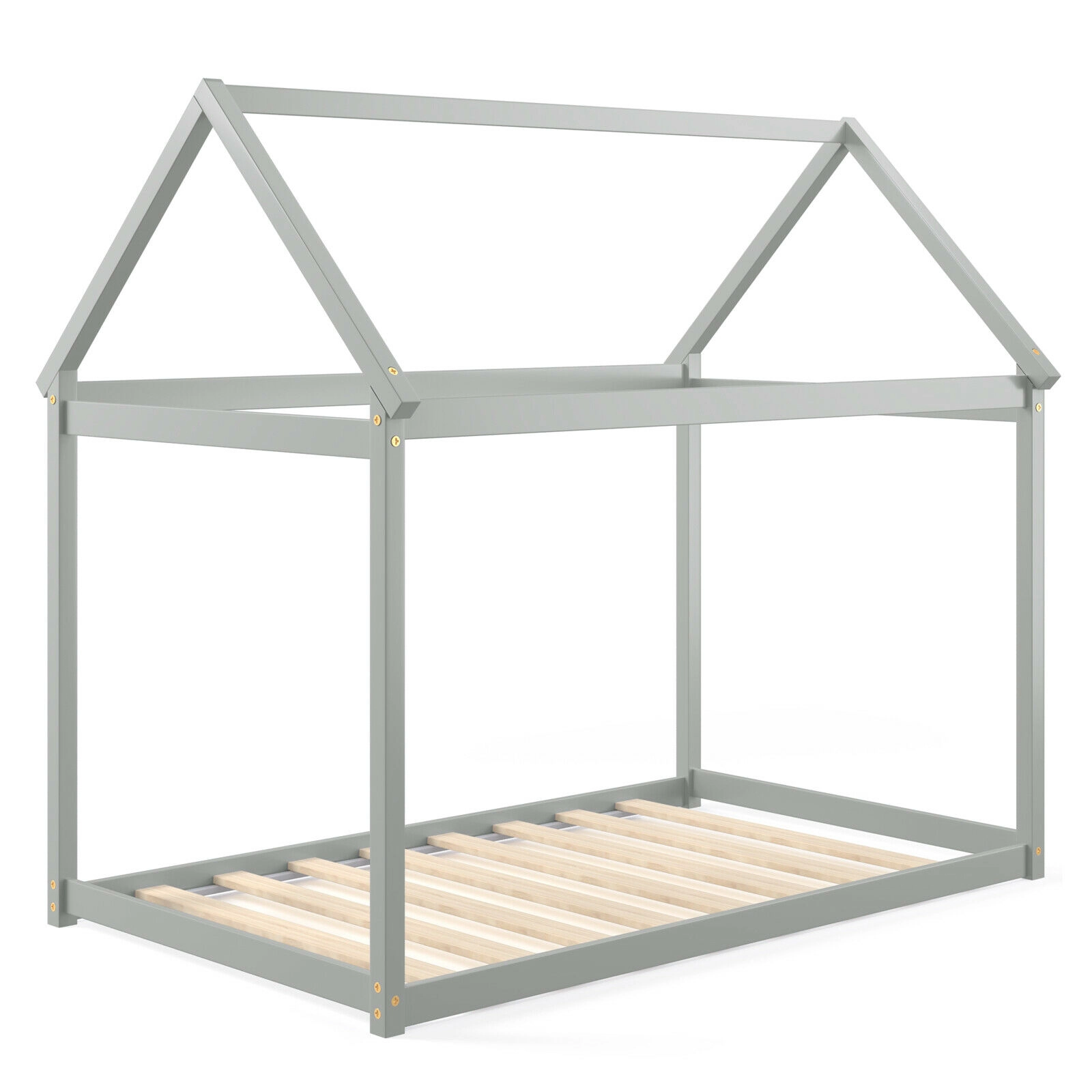 LJG Stable Kids Platform Floor Bed with Roof and Heavy-Duty Slats