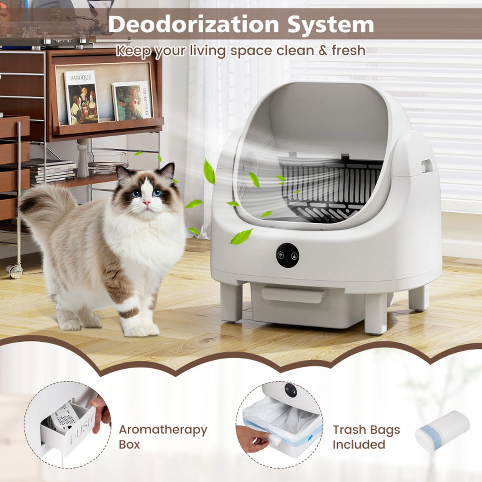 SUGIFT Open-Top Self-Cleaning Cat Litter Box with APP Control 3.5-24 lb Cats 2 Gal Waste Bin White