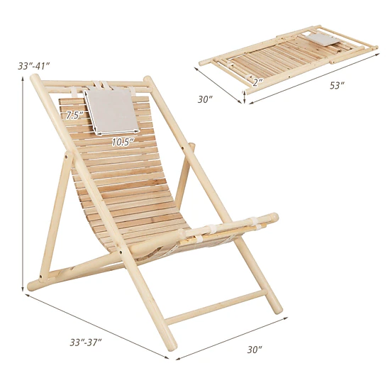 Hivvago Solid Fir Wood Lounge Chair with 3-Level Adjustable Backrest and Soft Padded Headrest