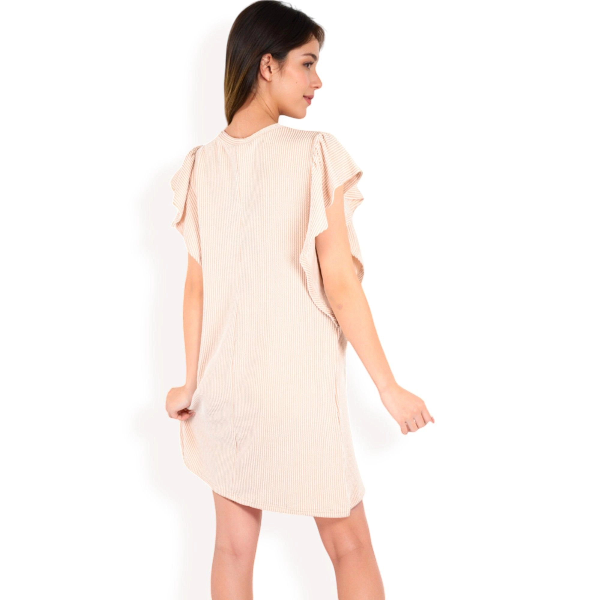 Anna-Kaci Women's Ruffled Sleeve Textured Knit Mini Shift Dress