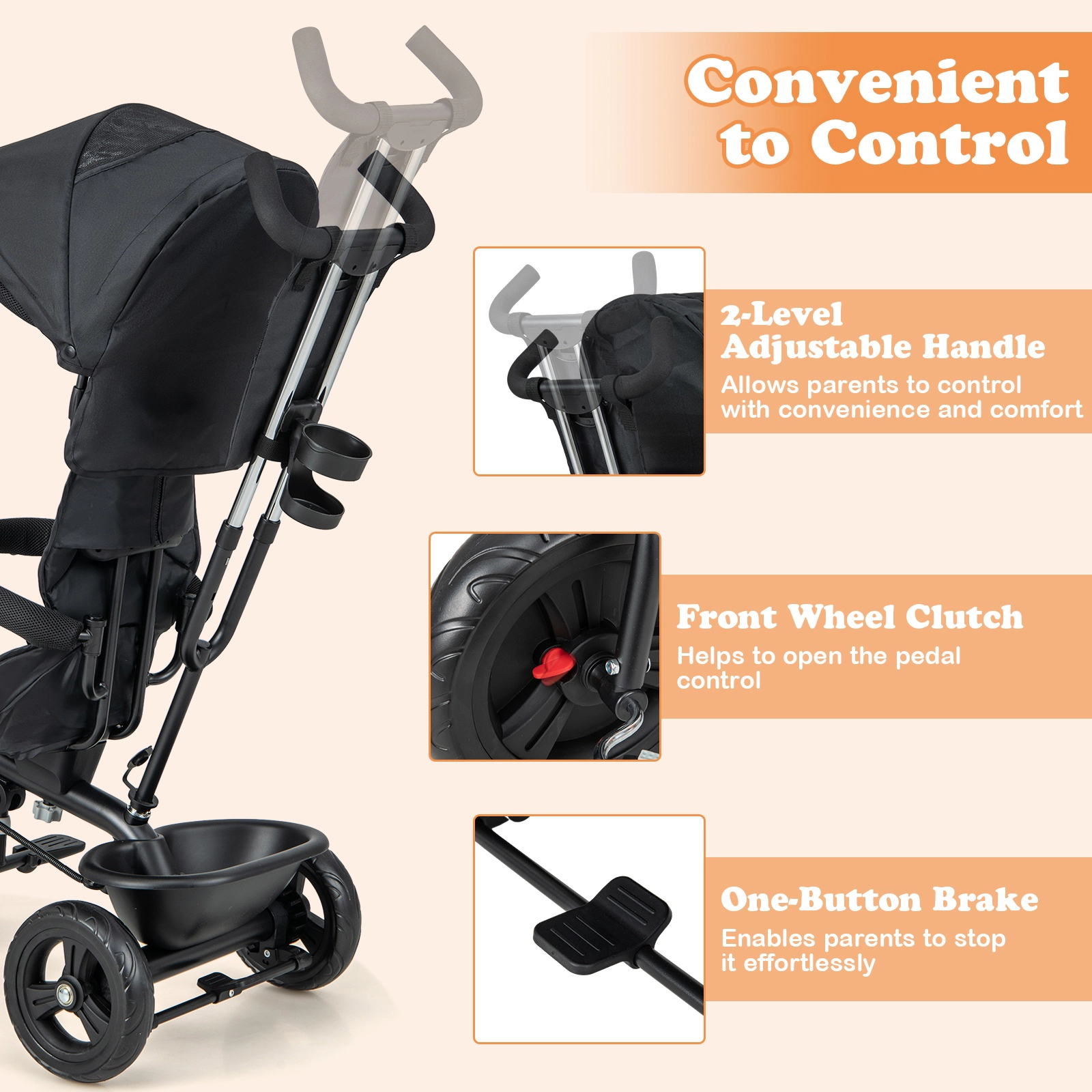 SUGIFT 4-in-1 Baby Trike Stroller with Removable Canopy and Adjustable Push Handle 55-lb Seat Capacity Ages 9-60