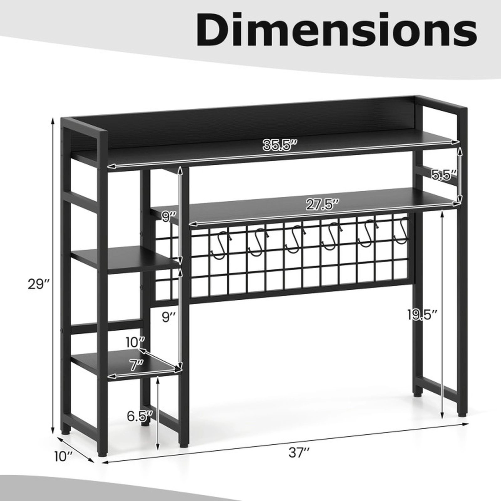 SUGIFT 4-Tier Black Desktop Bookshelf Desk Hutch with 6 Removable Hooks and Anti-Tipping Kits for Books
