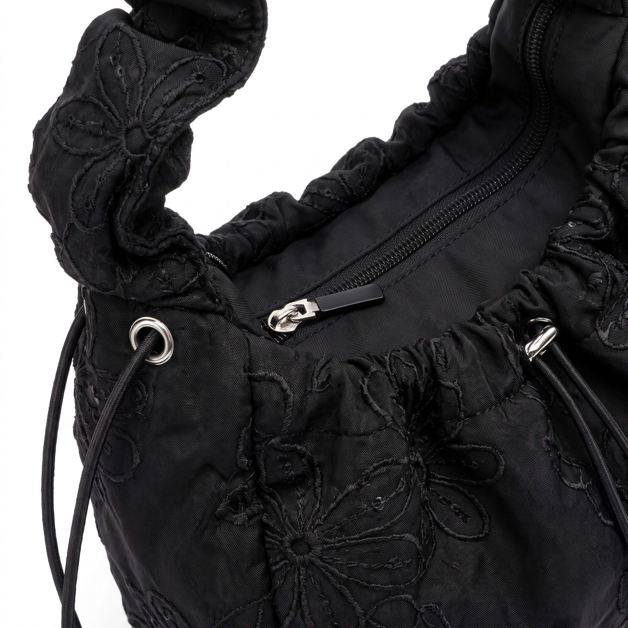 Alilang Women's Floral Embroidered Ruched Shoulder Bag with Drawstring Closure 11x8.3x3in