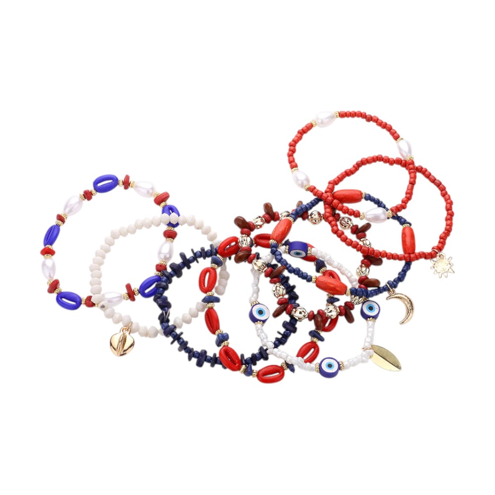 FASHNZFAB 9PCS - Metal Moon Sun Shell Charm Evil Eye Pointed Various Beads Beaded Stretch Multi Layered Bracelet - Multi
