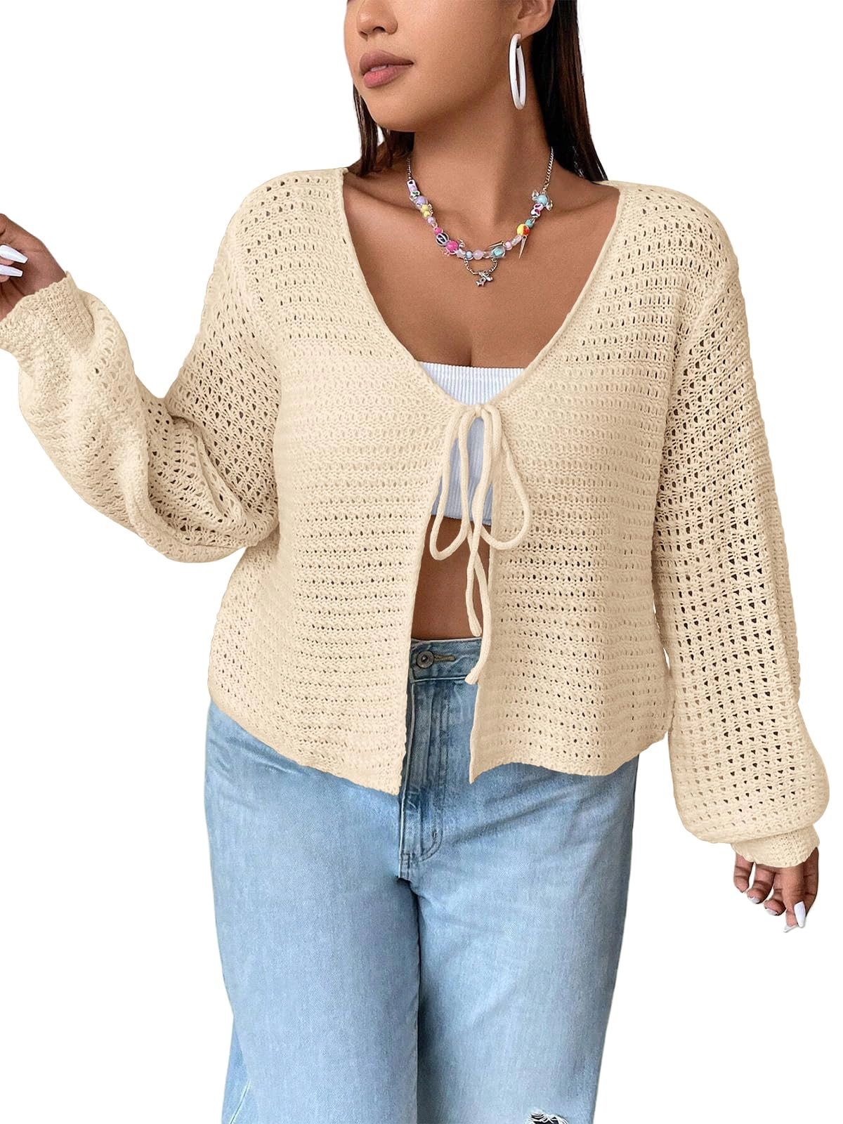 KOJOOIN Women's Lightweight Cardigan Plus Hollow Out Tie Front Knit Shrug Crop Sweater
