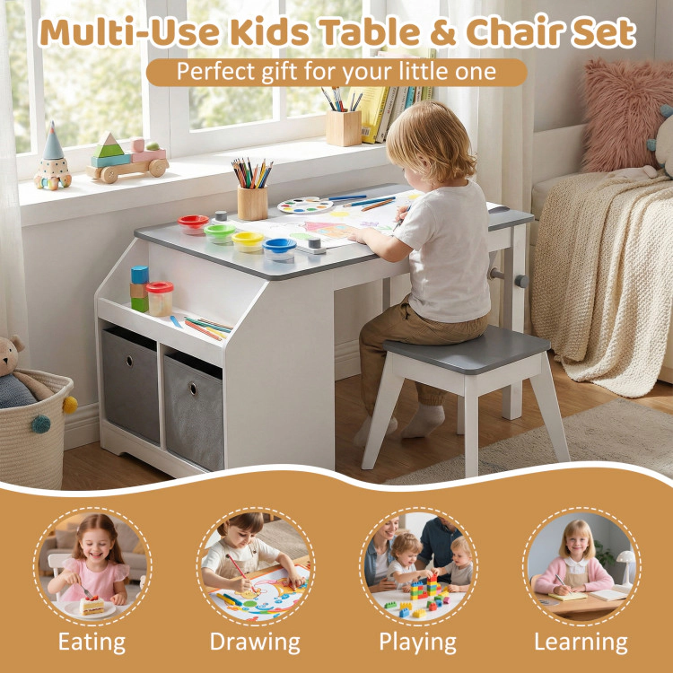 Hivvago Kids Art Table And Stool Set Toddler Activity Desk With Paper Roll And 4 Paint Cups For Drawing Learning