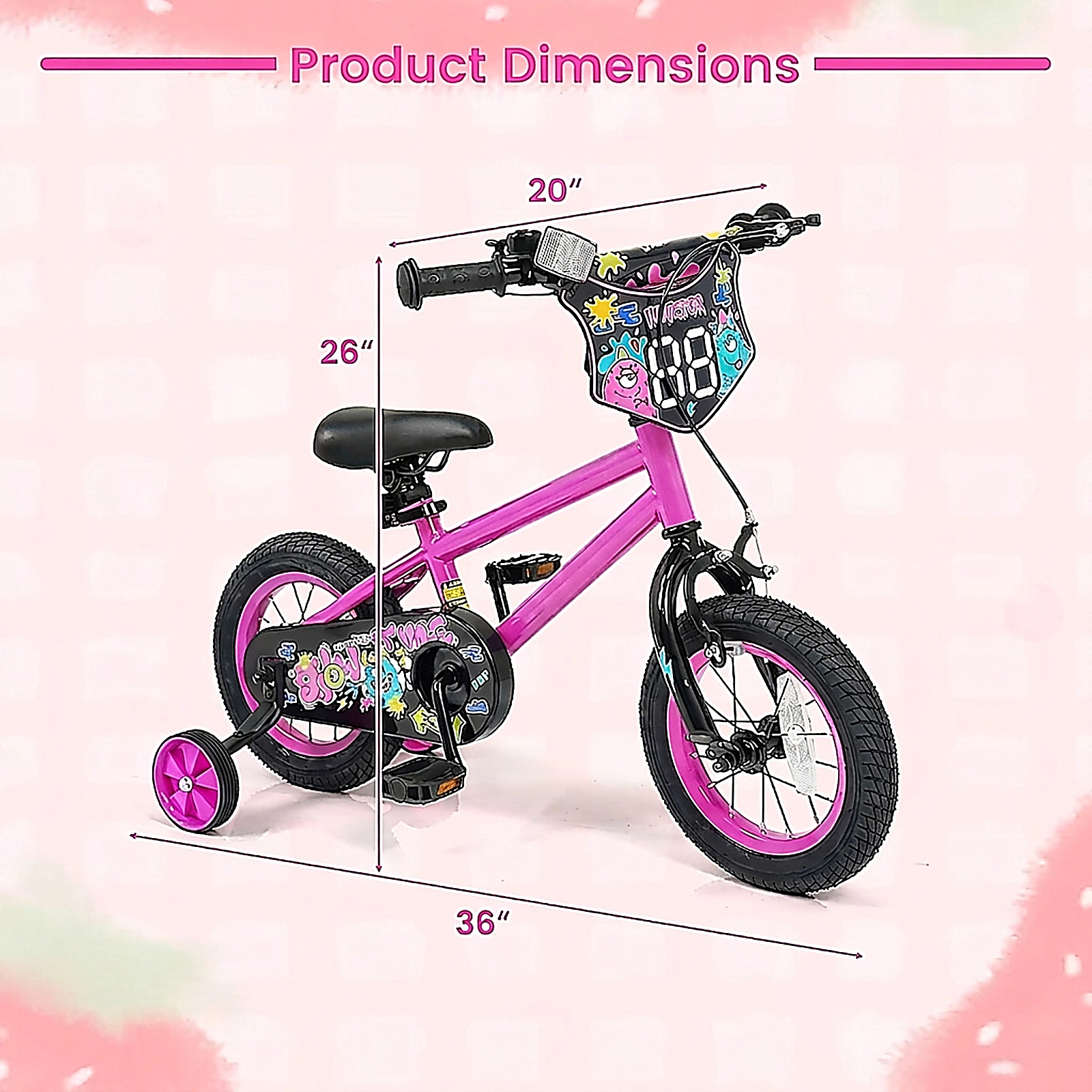 SUGIFT Pink Detachable Training Wheels and Adjustable Seat Kids Bike