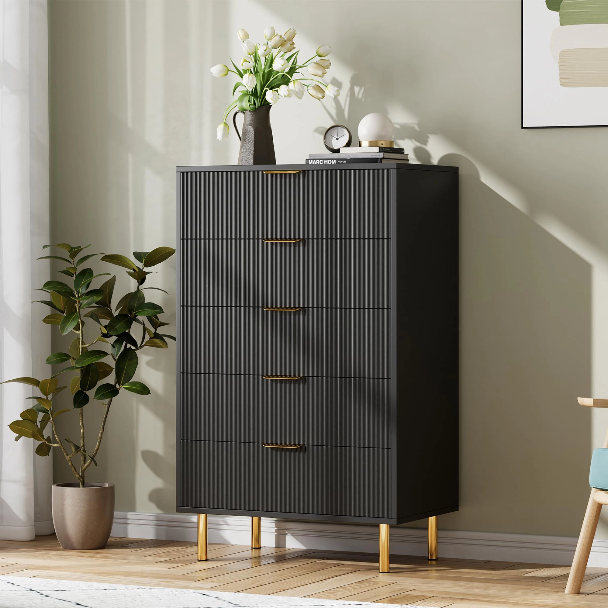 BebreezChic 5-Drawer Dresser for Bedroom with Gold Handles, Modern Wooden Chest of Drawers