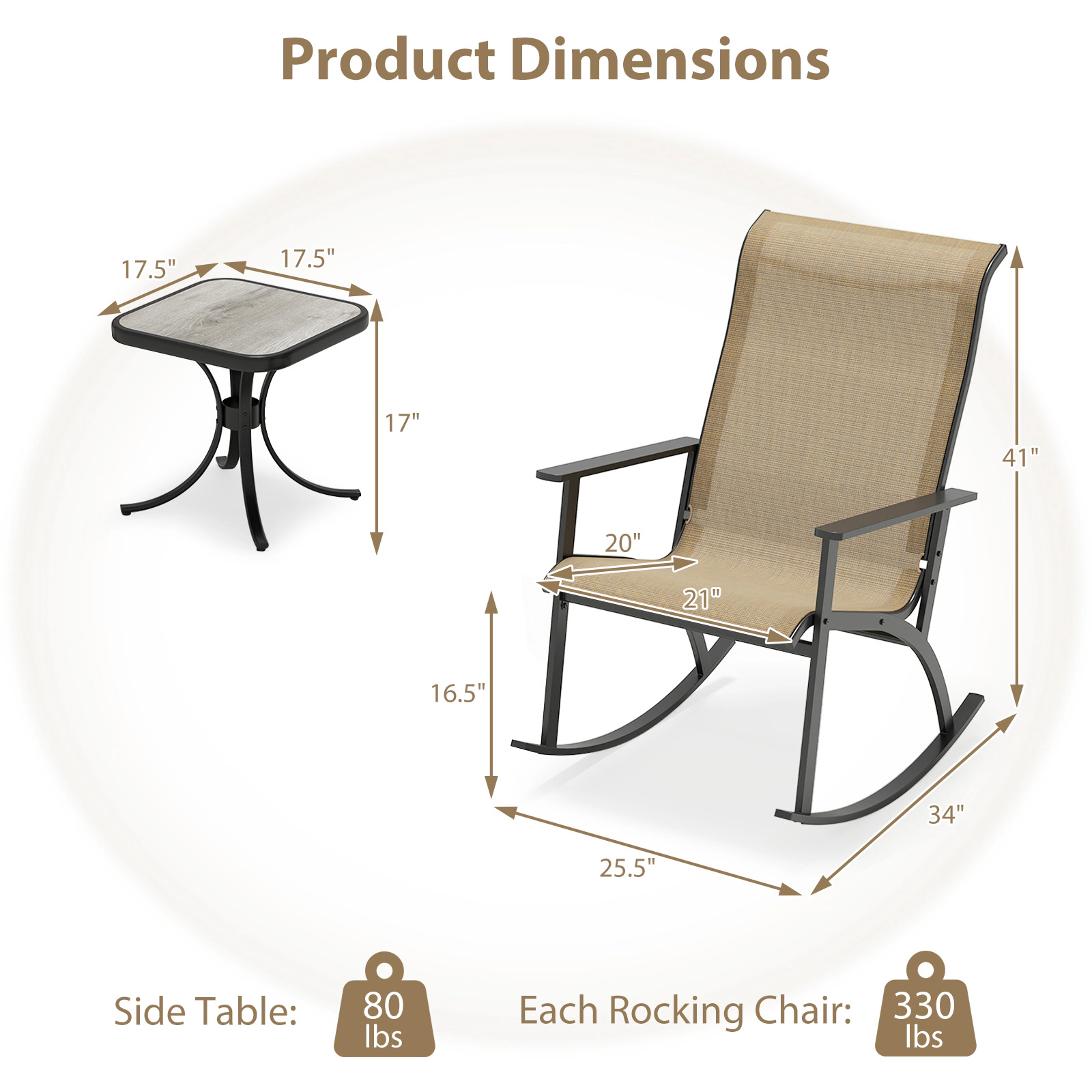 SUGIFT 3-Piece High-Back Outdoor Rocking Chair Set with Composite Side Table