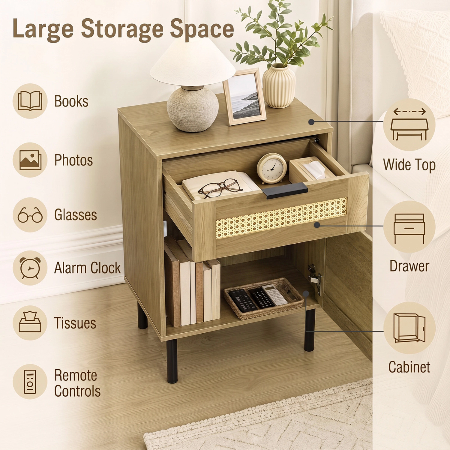 LJG Set of 2 Rattan Nightstand with Drawer and Storage Cabinet for Bedroom Dorm