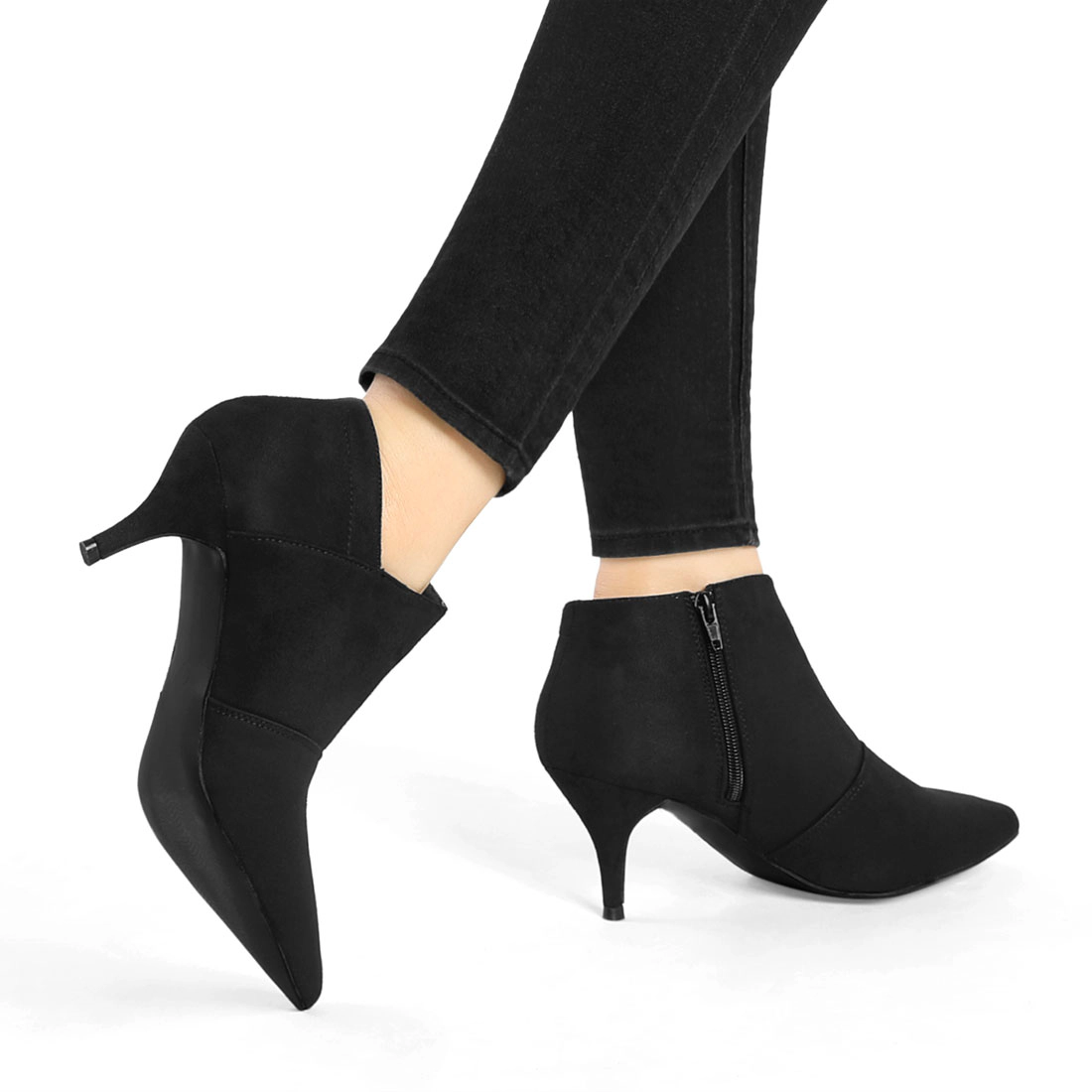 BLISSFUL STEP Women Faux Suede Pointed Toe Kitten Heel Cutout Ankle Boots
