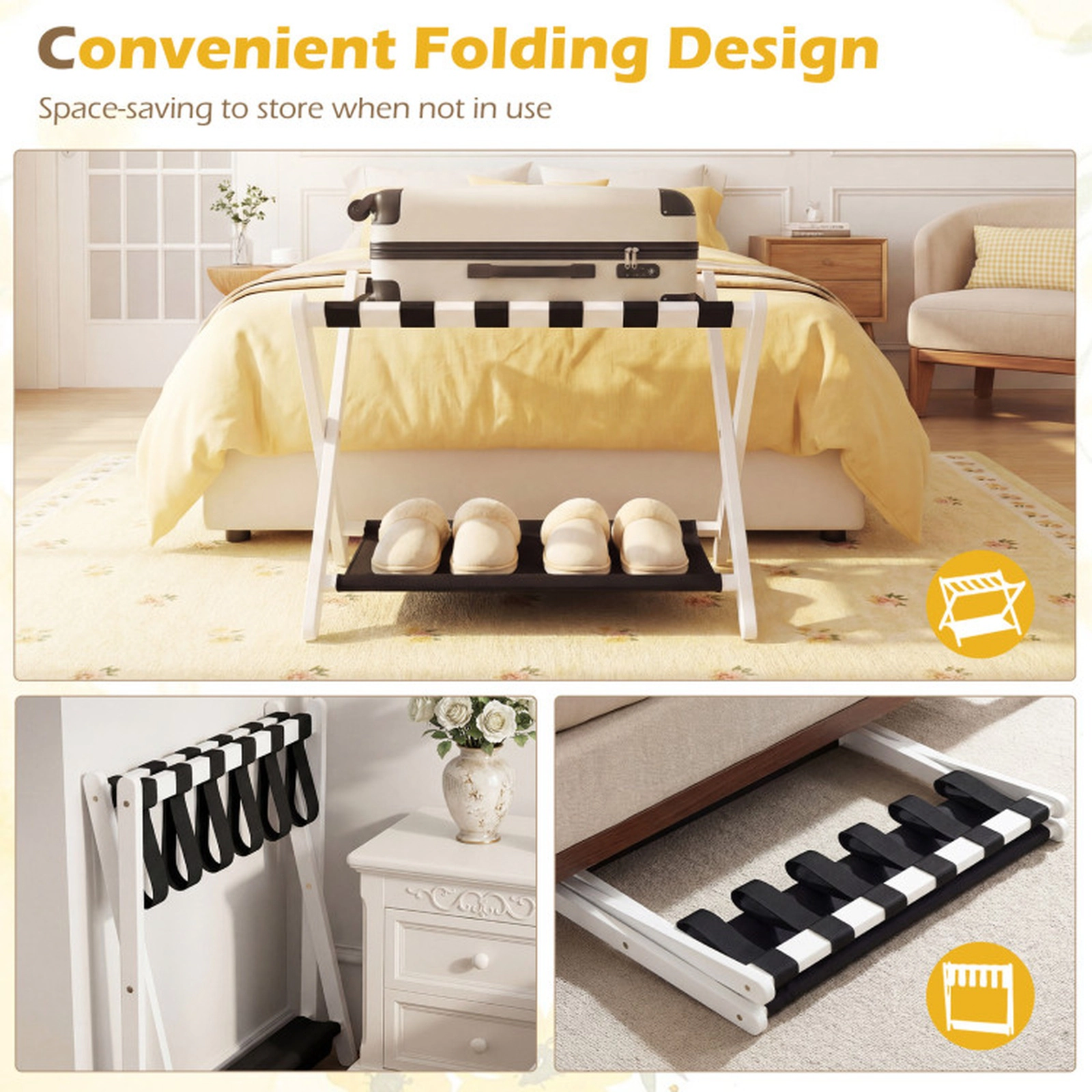SUGIFT Solid Rubberwood Folding Luggage Rack with Nylon Shelves 110-lb Upper Layer and 22-lb Bottom Capacity White