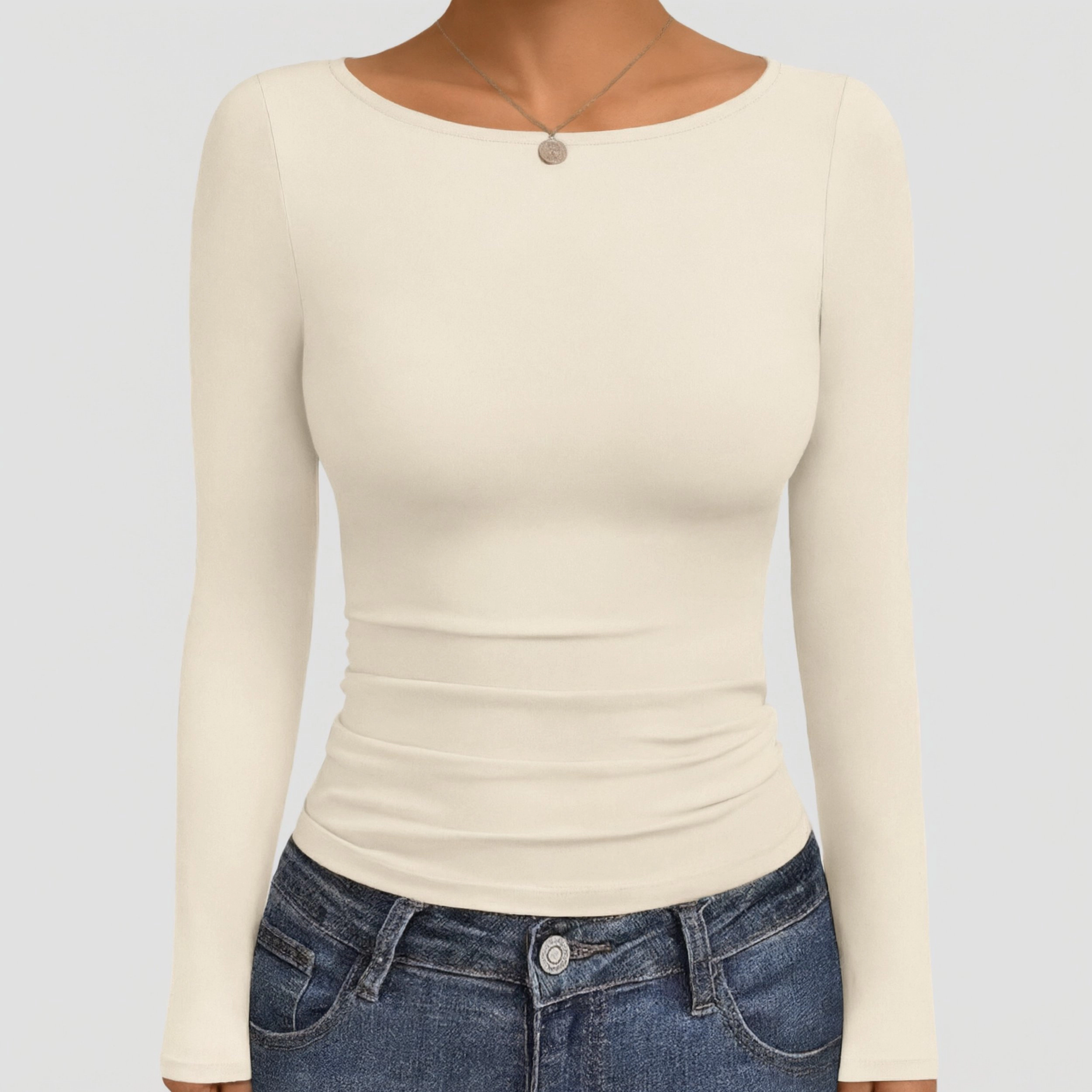 Ekouaer Women's Boat Neck Long Sleeve Slim Fit Ruched T-Shirt