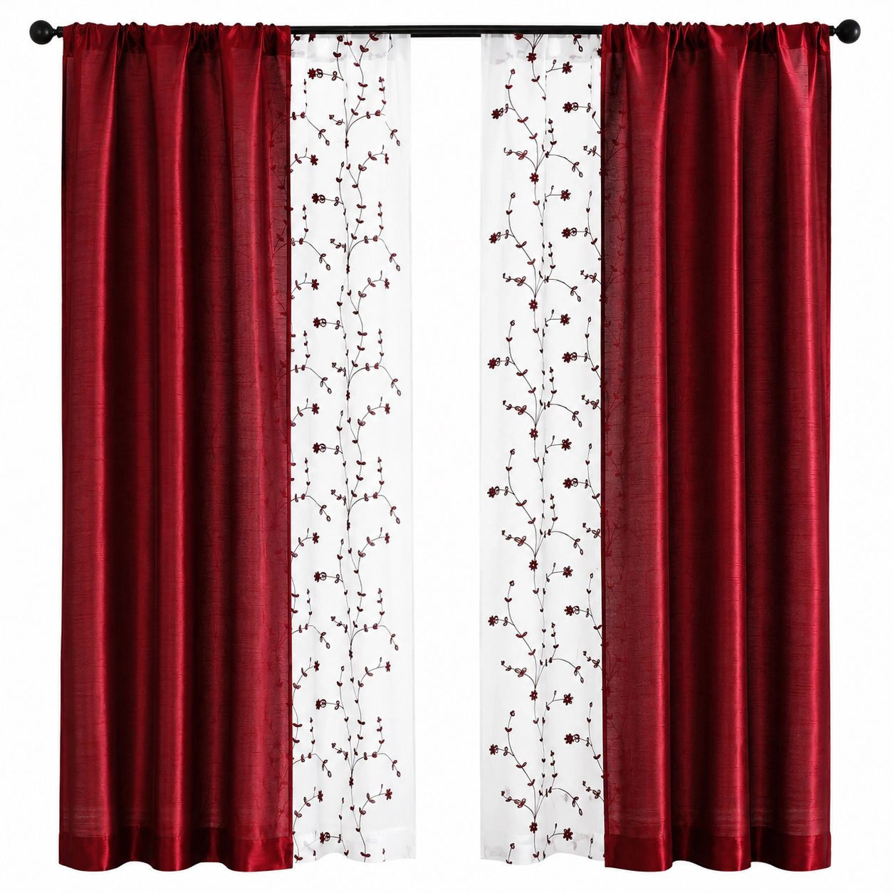 Kate Aurora Gloria Embroidered 6 Piece Rod Pocket Coordinating Sheer Window Curtain Panels