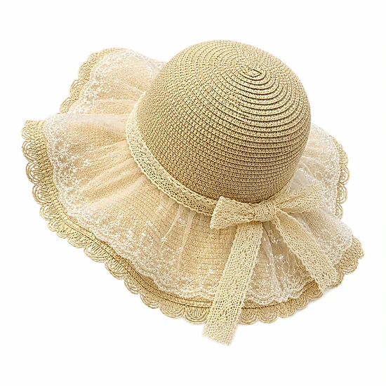 Anna-Kaci Women's Wide Brim Straw Sun Hat with Sheer Lace Overlay Bow Accent and Scalloped Edge