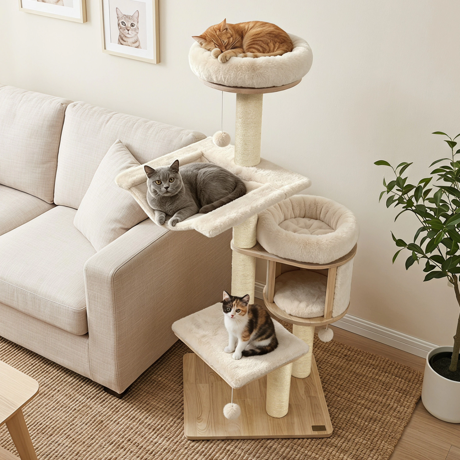 LJG 55" Solid Rubber Wood Cat Tree with Condo & Hammock and Scratching Posts for Adult Cats