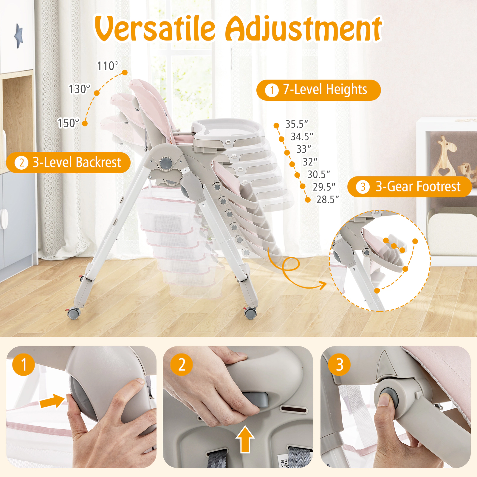 Folding Baby High Chair BPA-Free Heat-Resistant Dishwasher-Safe Tray Adjustable Backrest Footrest 6 to 36 Months Pink