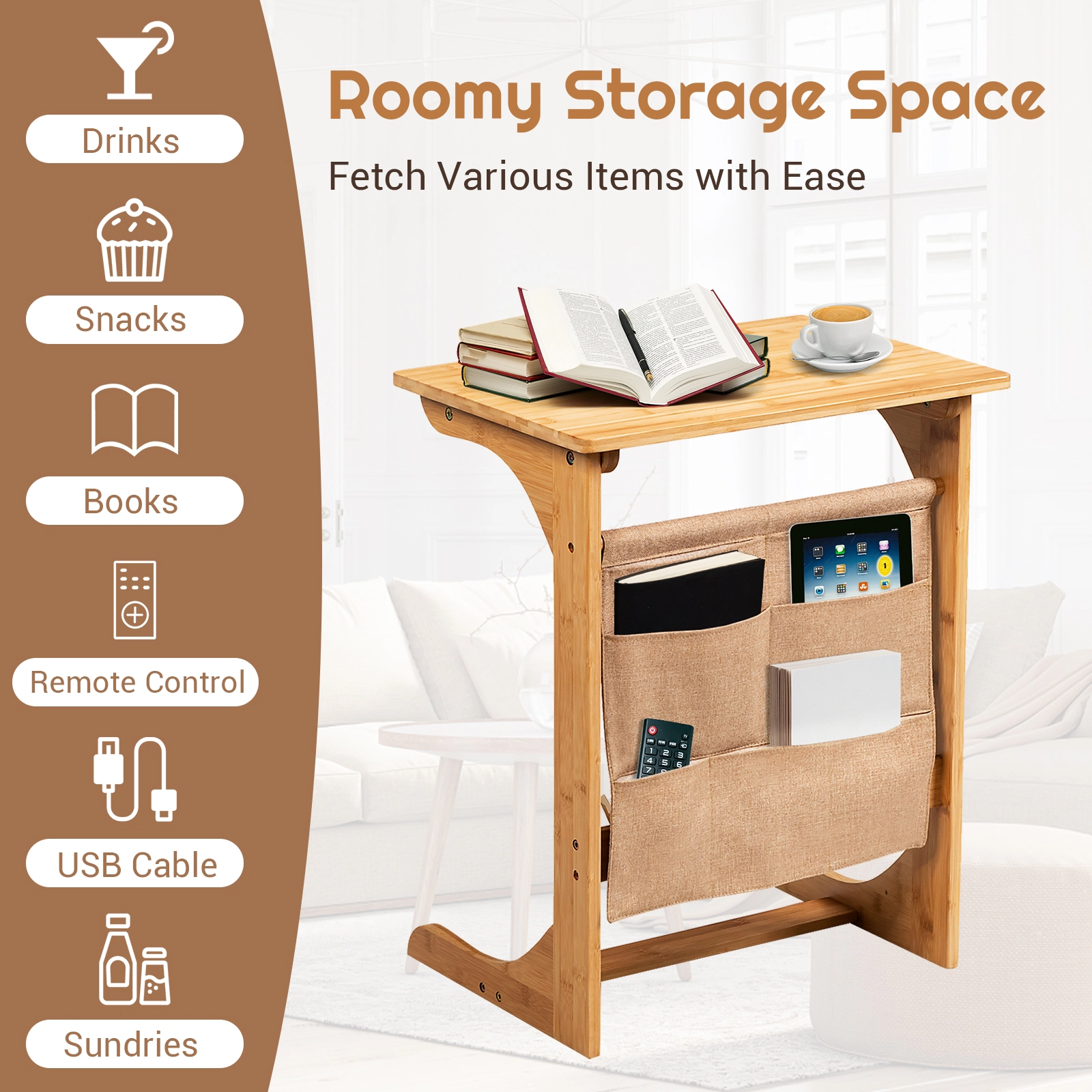 SUGIFT Bamboo Sofa Side Table Natural End Table with Fabric Storage Bag