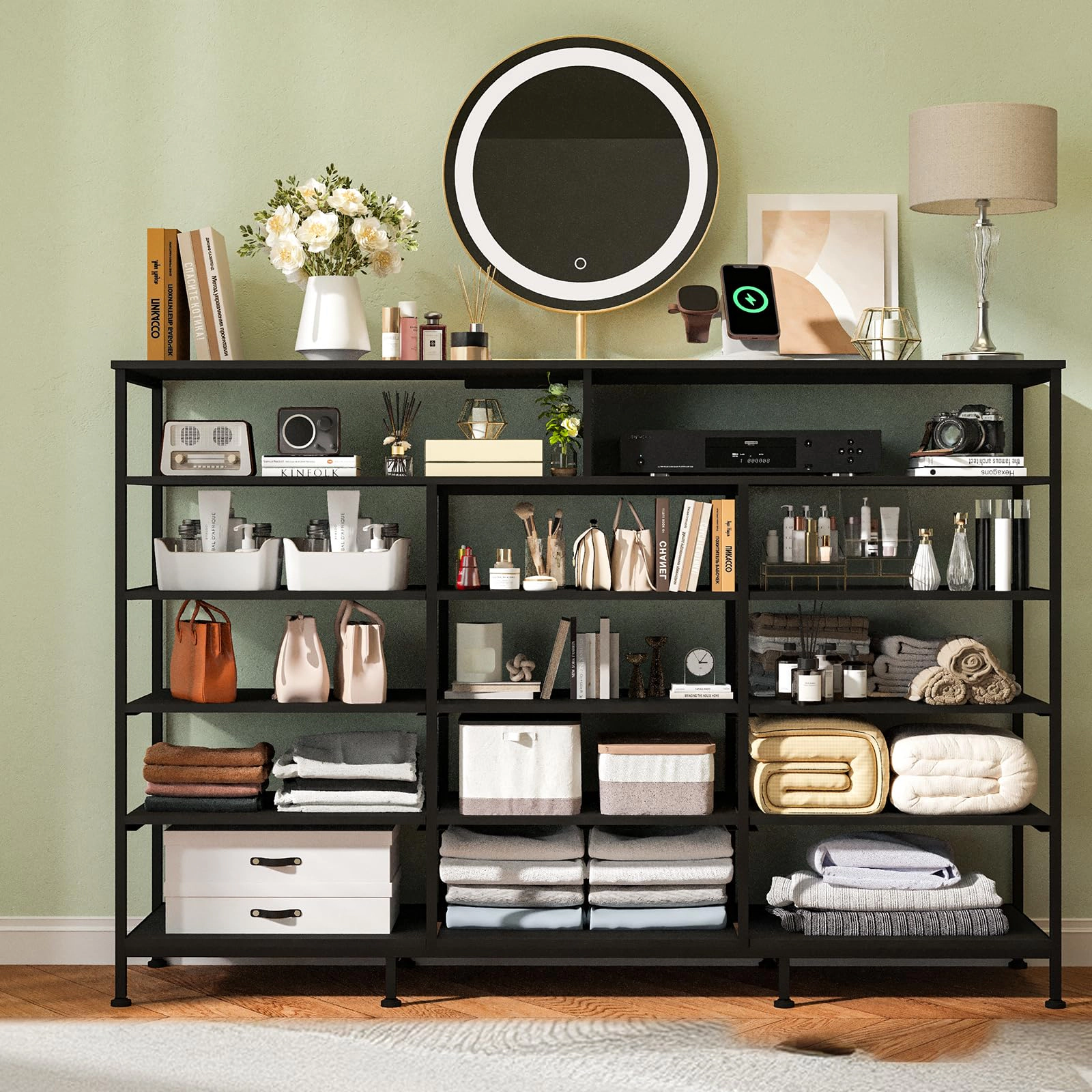 55.1" 11 Drawer Fabric Dresser with LED Lights, Power Outlet & Open Shelves
