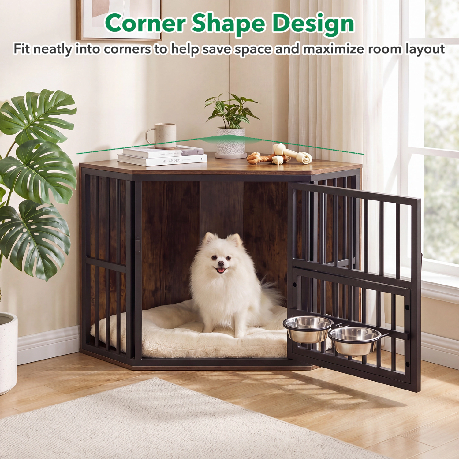 SUGIFT 35.5 in Dog Kennel End Table Rustic Brown with 3-Position Dog Bowl Rack and Corner Shape