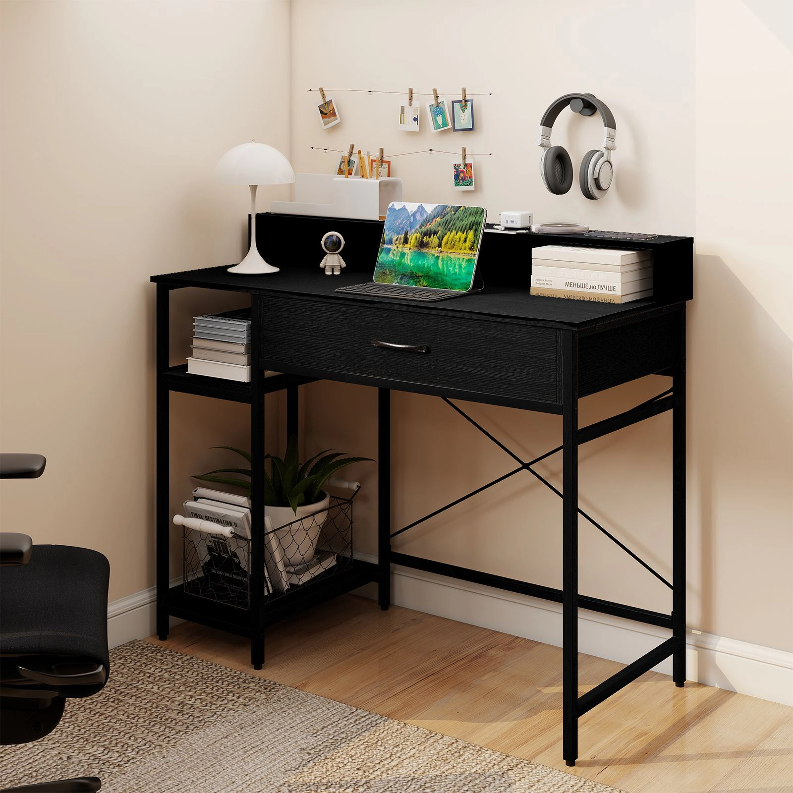 SlickBlue Rustic Computer Desk with Power Strip & Storage Hutch