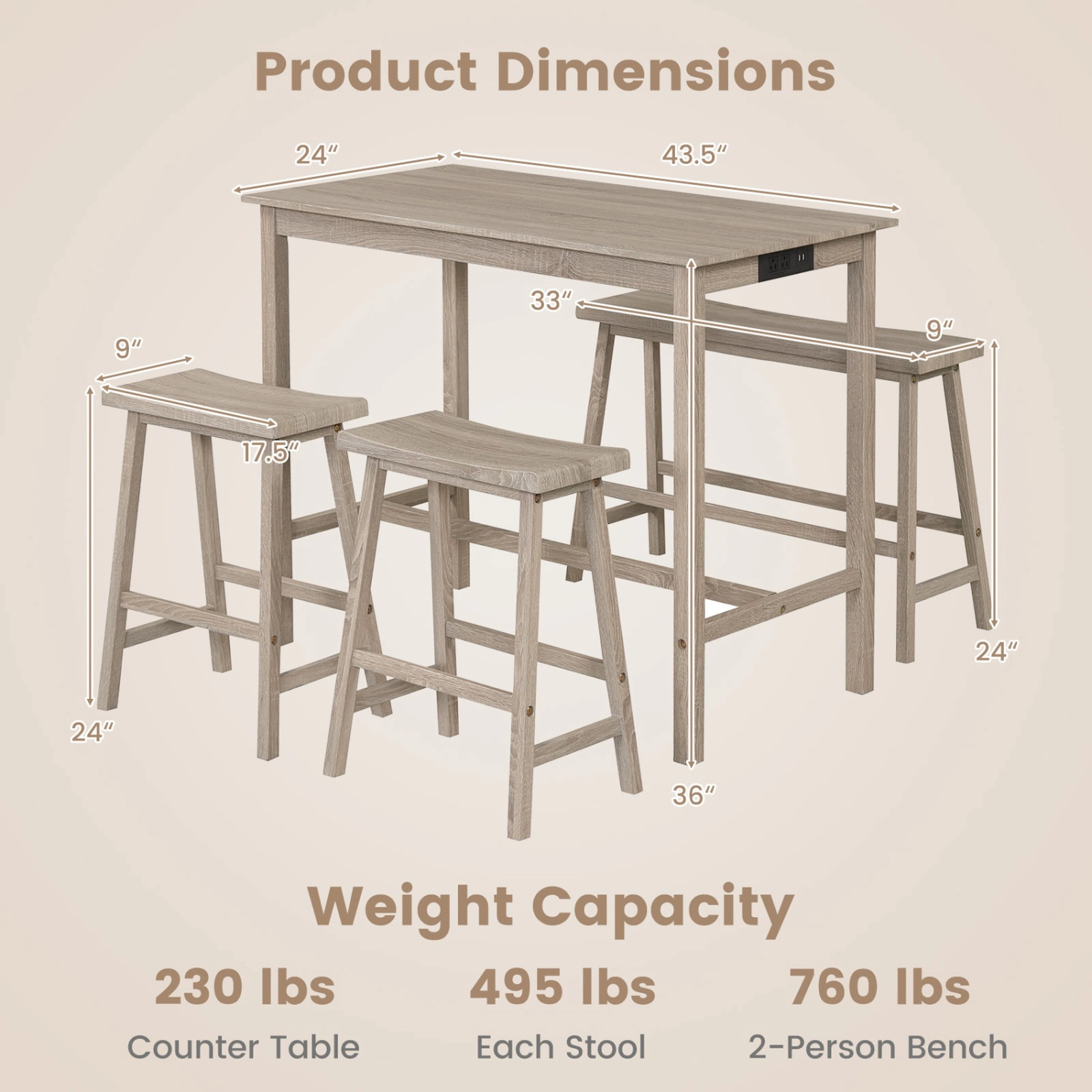 SUGIFT 4-Piece Counter Height Dining Set with Power Outlet 230-lb Table Capacity 24-in Wide Top Gray/Light Gray