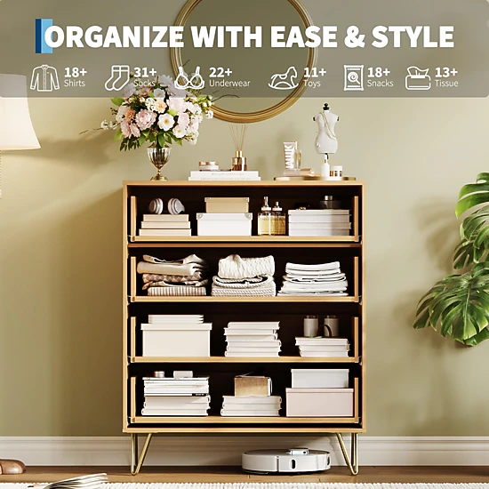 38" Tall Fluted 4 Drawer Dresser with Metal Handles, Modern Wood Storage Chest